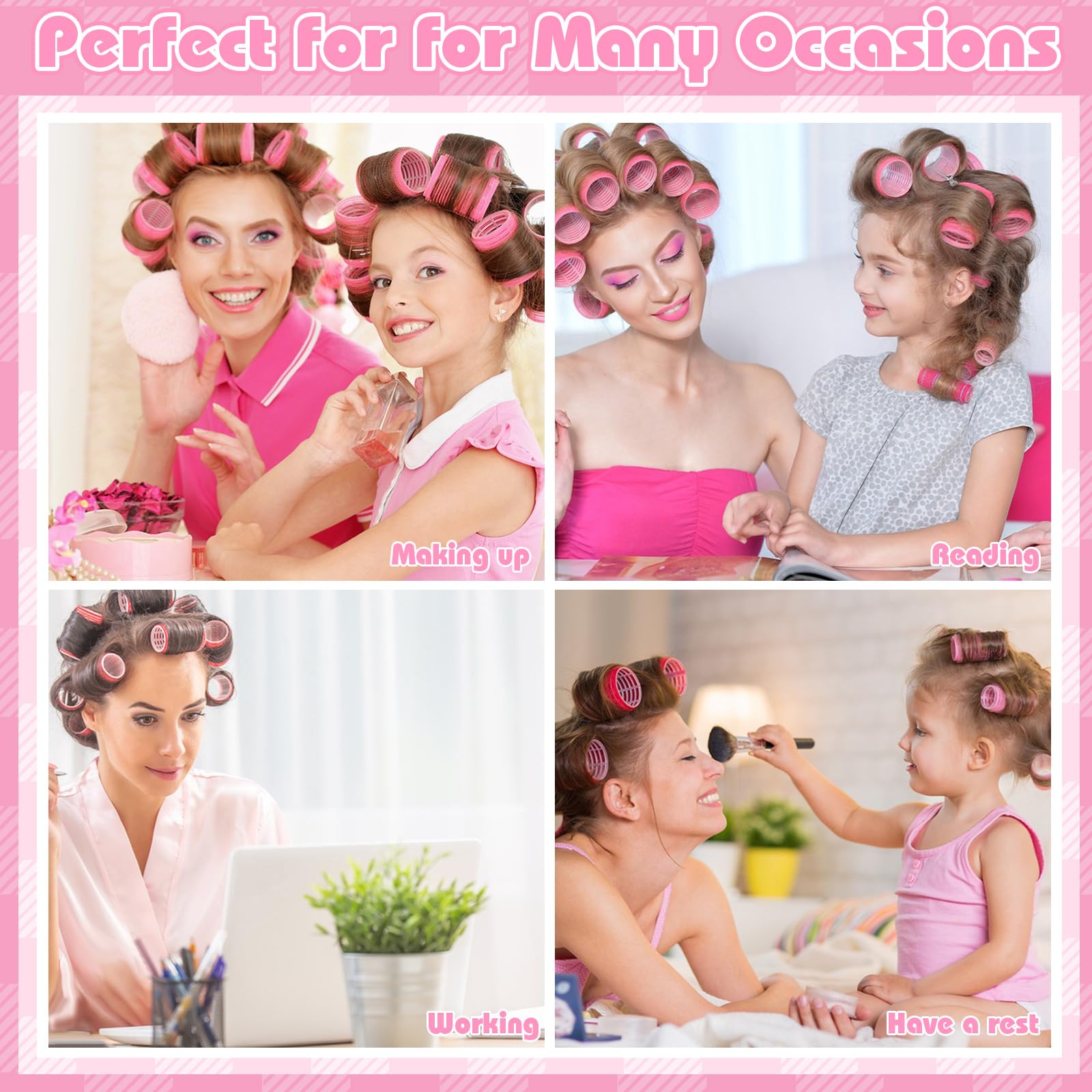 4 Sizes Self-Grip Hair Rollers Set - 16 Pink Hair Rollers for Women with 17 Hair Clips, Hair Pad & Rat Tail Comb - Volumizing Curlers for Long, Medium & Short Hair - Perfect for Home Styling, Salon Looks & Special Occasions