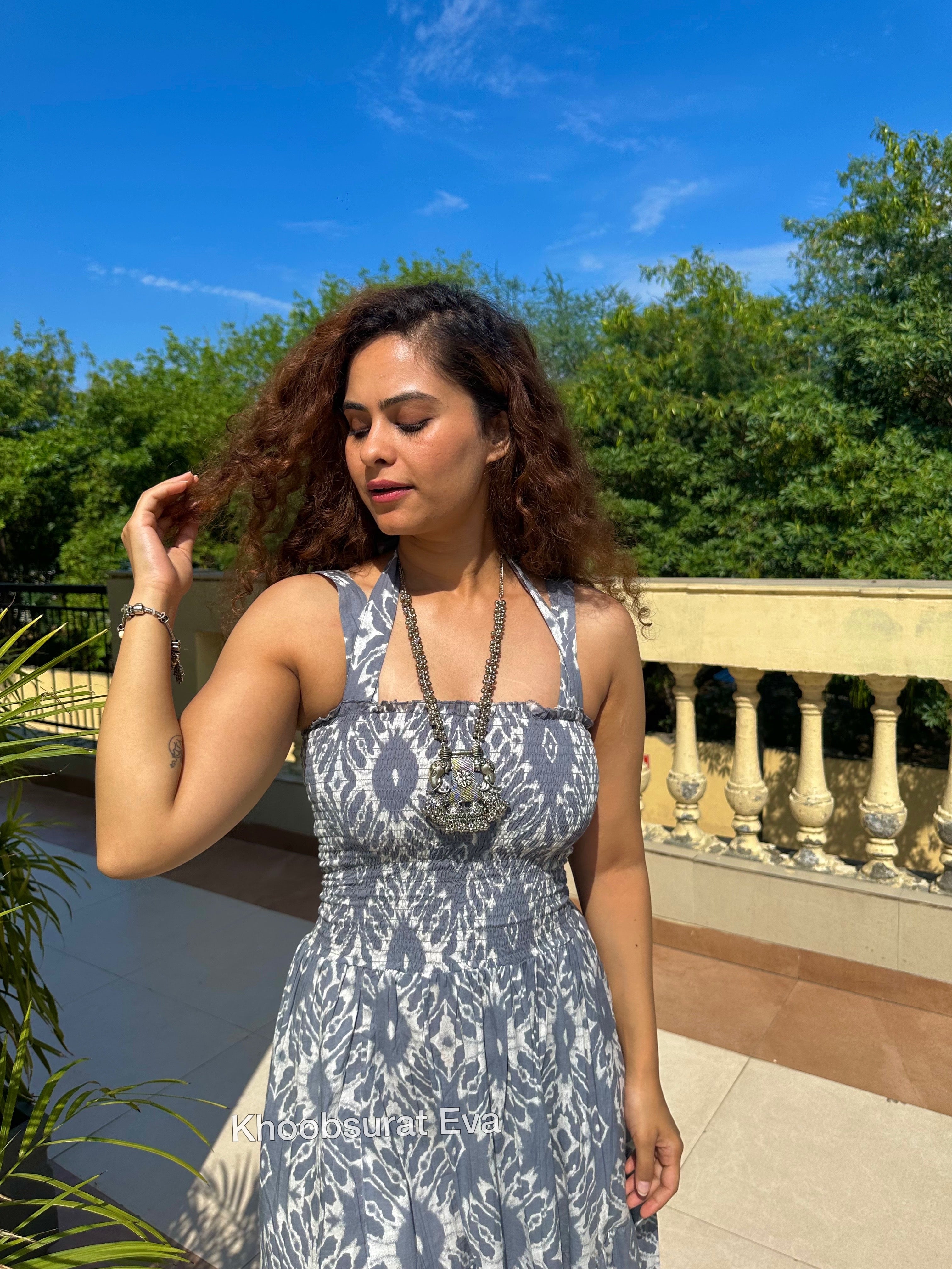 Grey Cotton Tiered Maxi Dress for Women - Flowy Summer Beach Dress, Casual Boho Chic Outfit for Vacations & Outdoor Events