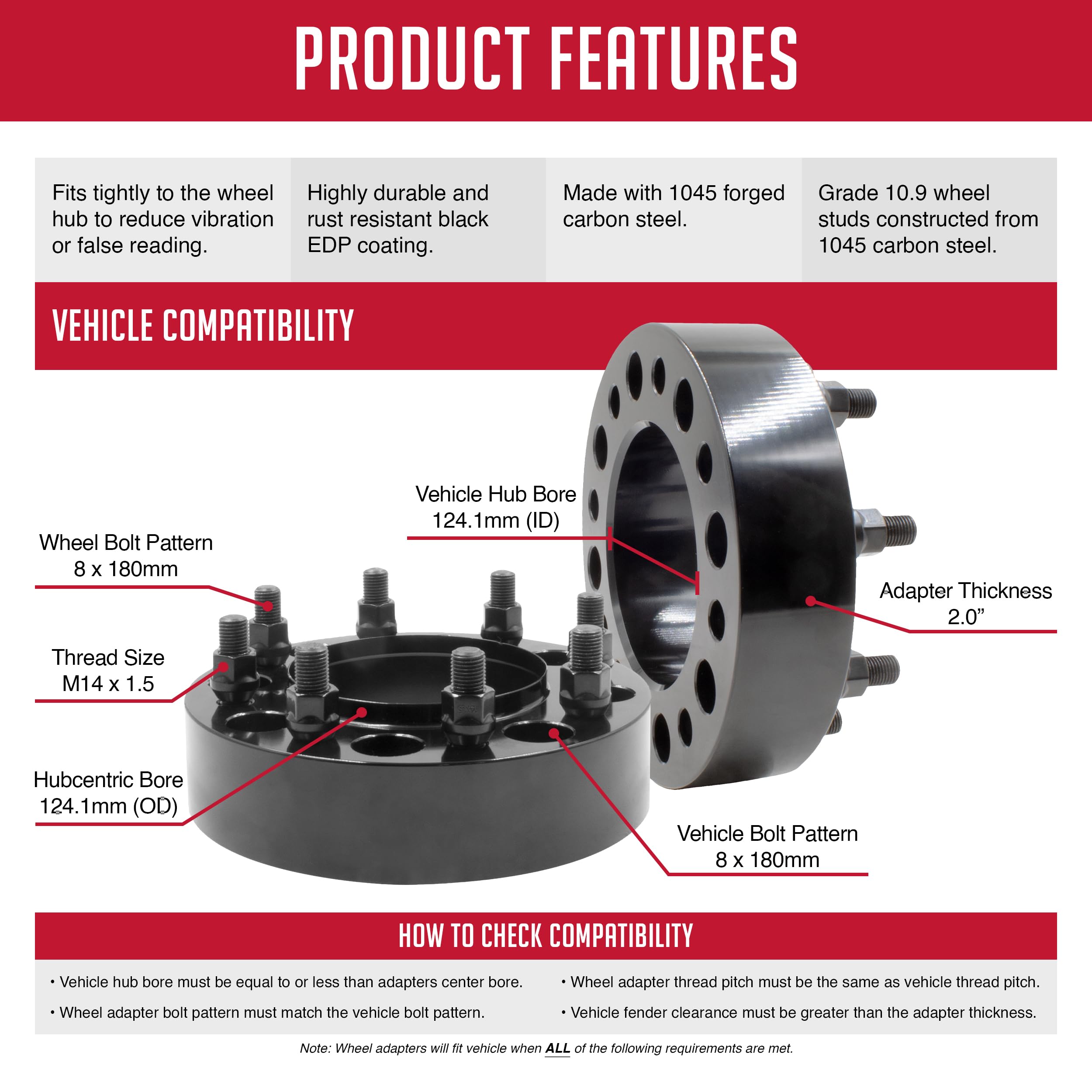 1PC Steel Hub Centric Wheel Spacers 8x180mm 2.0