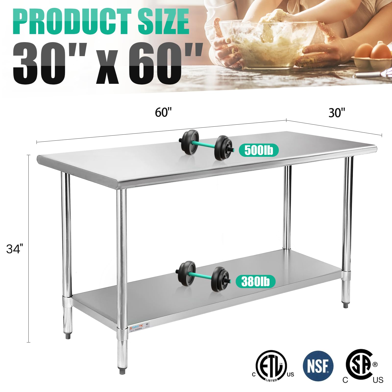 STABLEINK NSF Stainless Steel Work Table 30x60 Inches - Commercial Grade Metal Prep Table with Adjustable Undershelf for Restaurant, Kitchen, Hotel, Garage - Heavy Duty Food Prep & Workstation Surface for Cooking, Baking, Auto Repair & Industrial Use