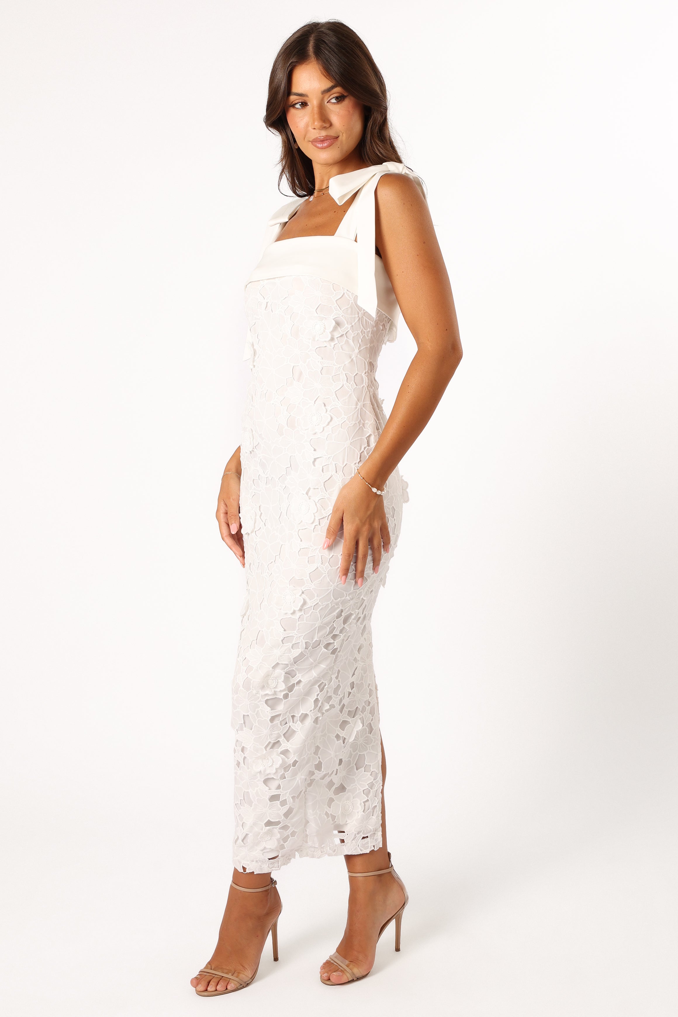 Emersyn Women's White Lace Midi Dress - Elegant Floral Embroidery for Weddings, Parties & Special Occasions