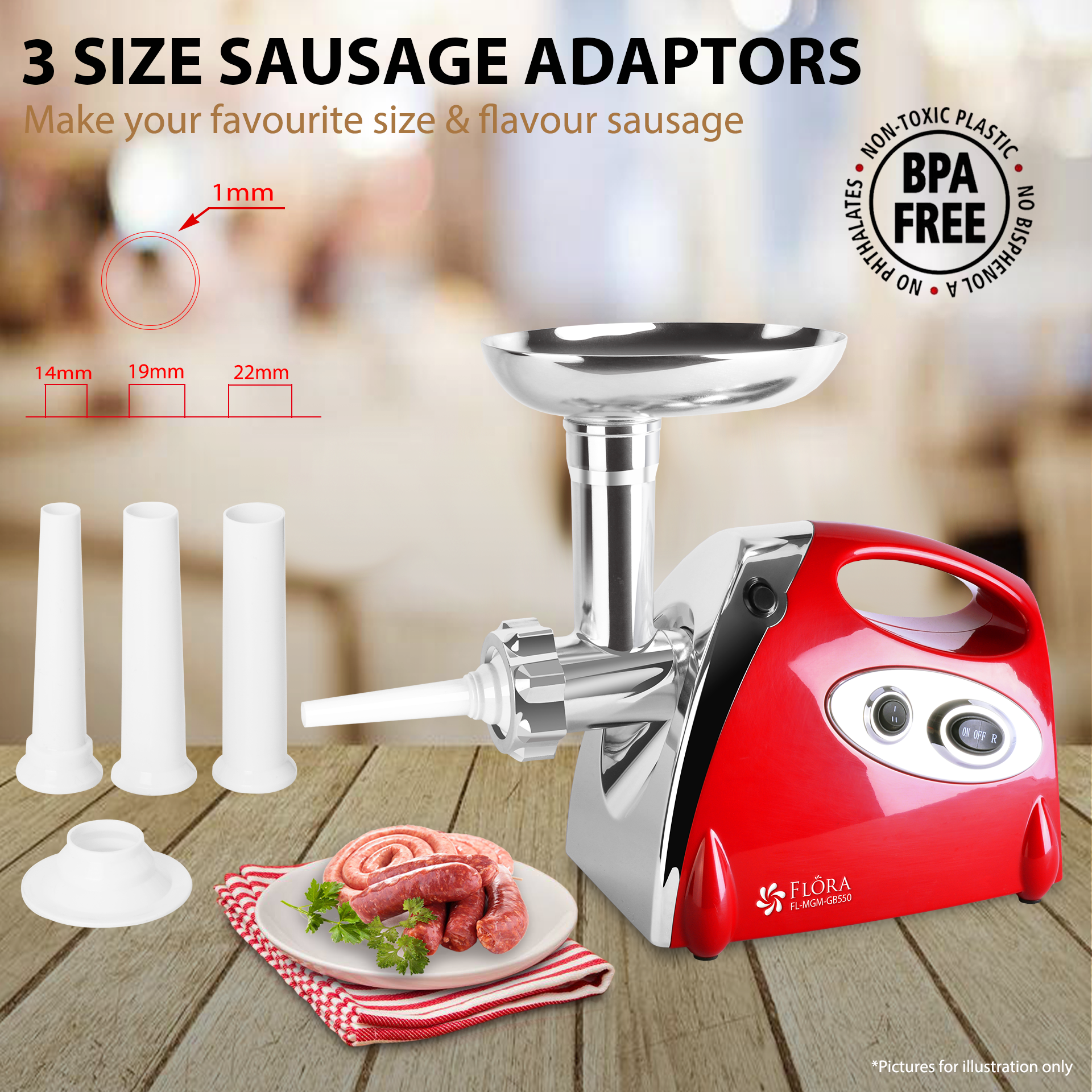 Premium Stainless Steel Electric Meat Grinder & Tomato Sauce Maker - Flora FL MGM GB550 Lite Edition | Heavy Duty Kitchen Appliance for Ground Beef, Sausages & Pasta Sauce | Perfect for Home Cooking & Meal Prep