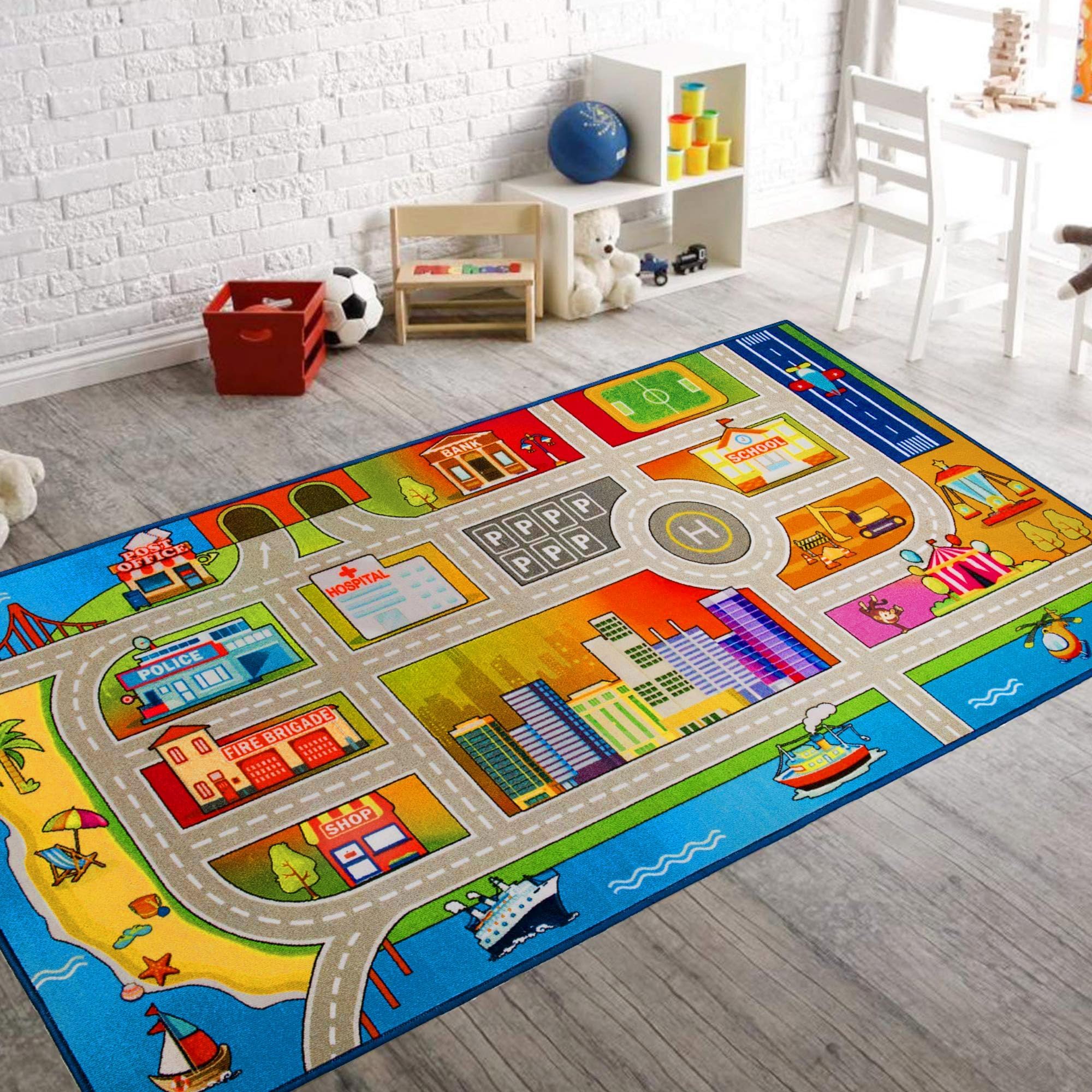 Booooom Jackson Kids Car Playmat Rug 3.3x6.6 ft - Non-Slip Race Track Carpet with Road & Buildings Design for Toy Cars - Perfect for Playroom, Bedroom & Indoor Activities (Parking, Helipad Printed)