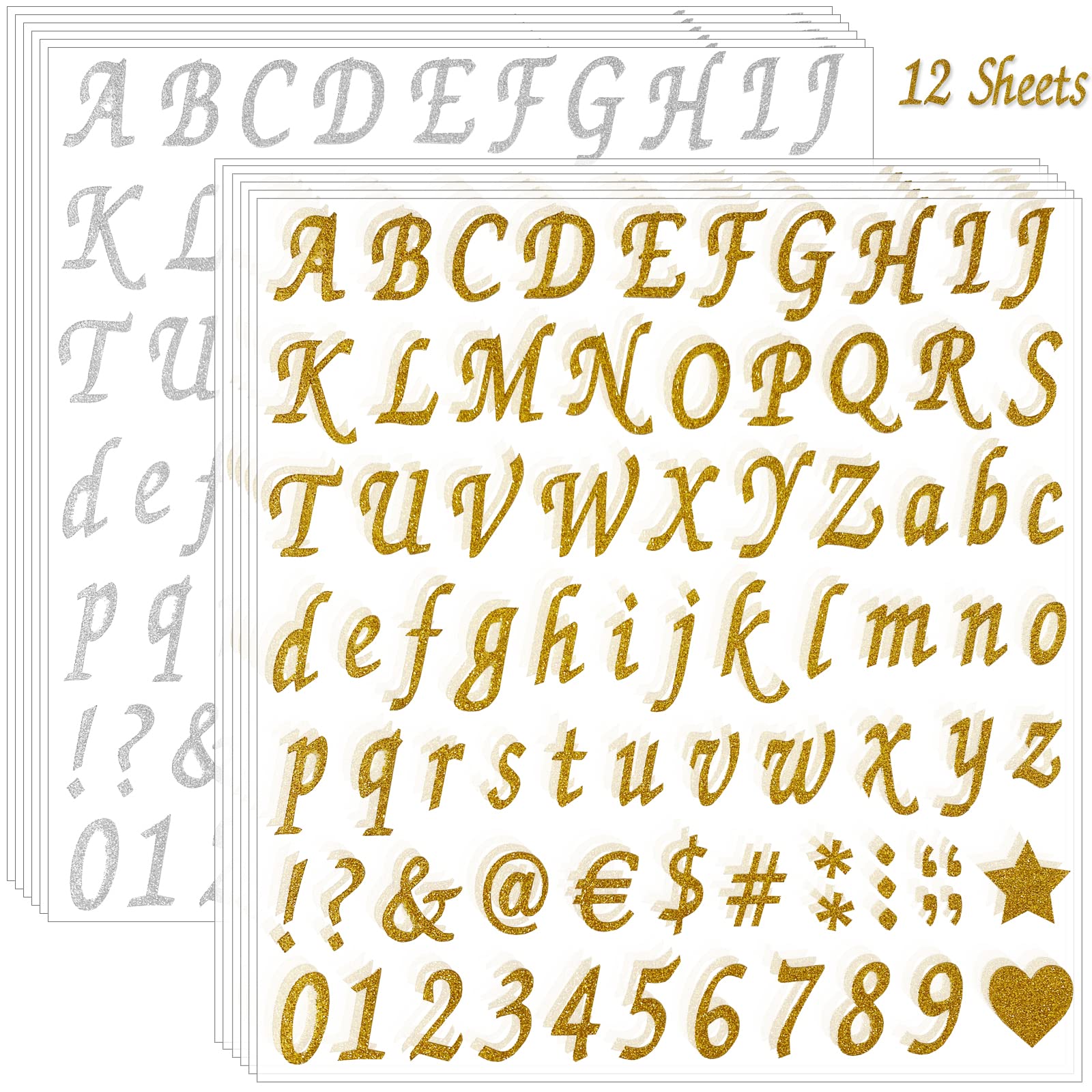 12 Sheets Glitter Letter Stickers - Self Adhesive Alphabet & Number Stickers for Mailbox, DIY Crafts, Scrapbooking, Classroom Decor (Gold & Silver) - Perfect for Party Invitations, Gift Wrapping & Home Decoration