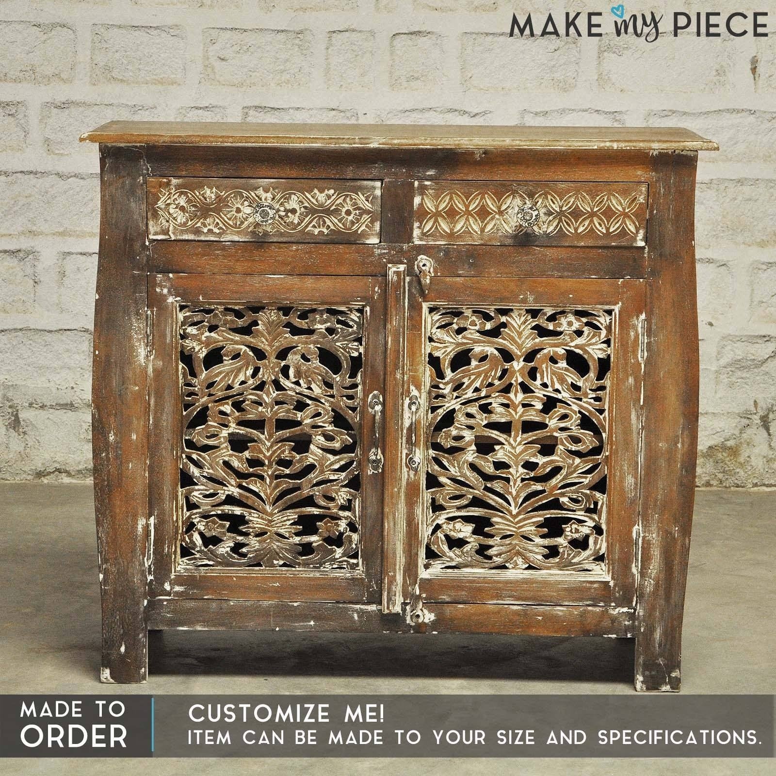 French Colonial Solid Wood Jali Carved Sideboard - Antique Brown Buffet Cabinet for Dining Room, Living Room & Entryway Storage