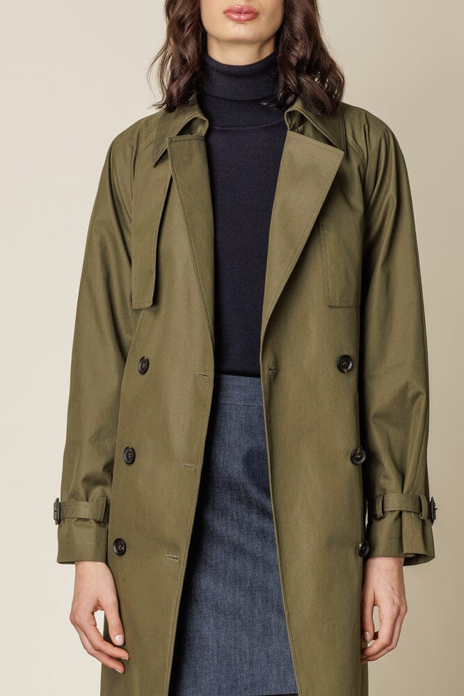 RTW Maddie Trench Coat - Olive Cotton Gabardine Waterproof Jacket for Women | Classic Fall Outerwear for Work & Casual Wear