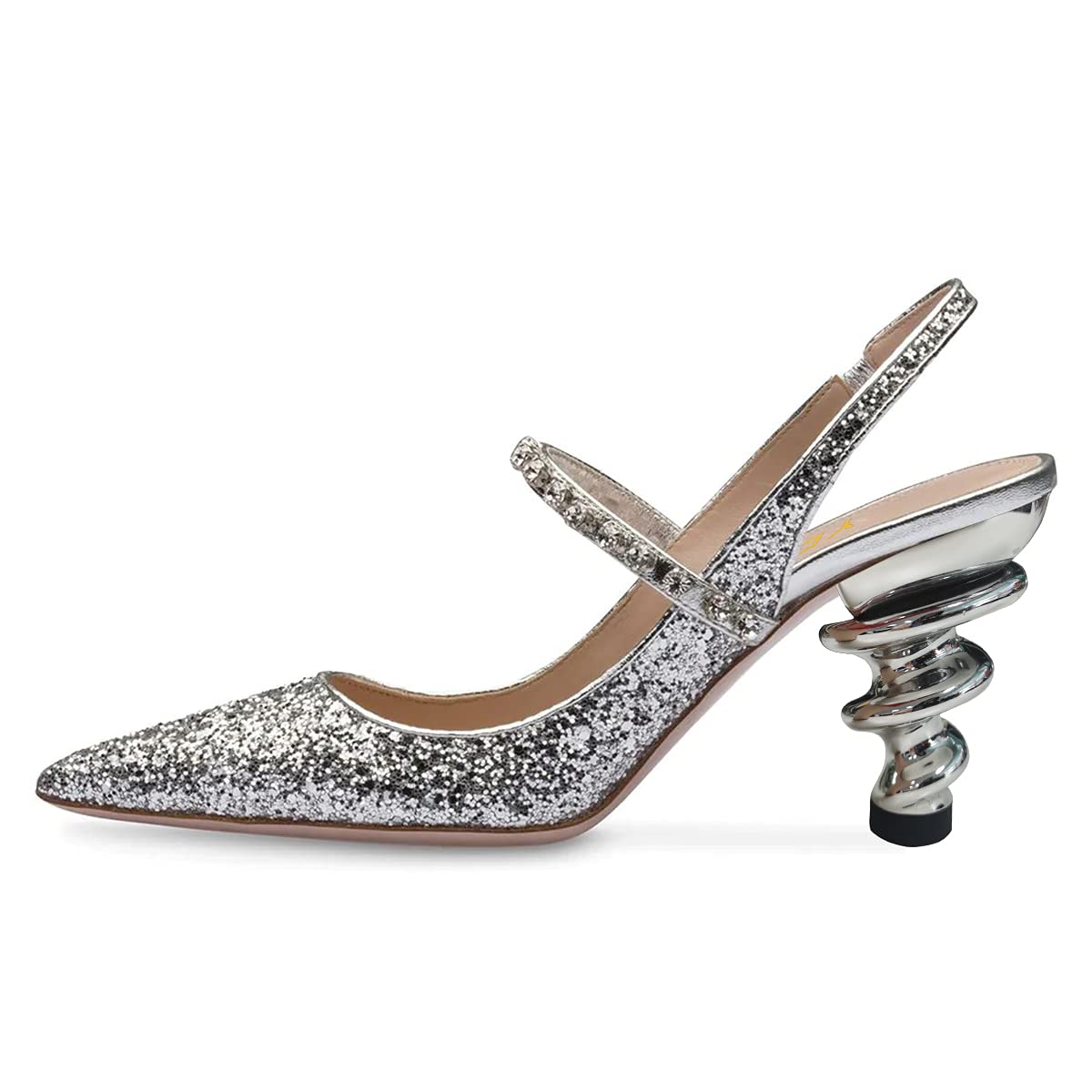 YDN Women's Trendy Metallic Spiral Heel Slip-On Sandals - Rhinestone Strap Pointed Toe Dress Pumps for Party, Wedding & Evening Events (US 4-15)