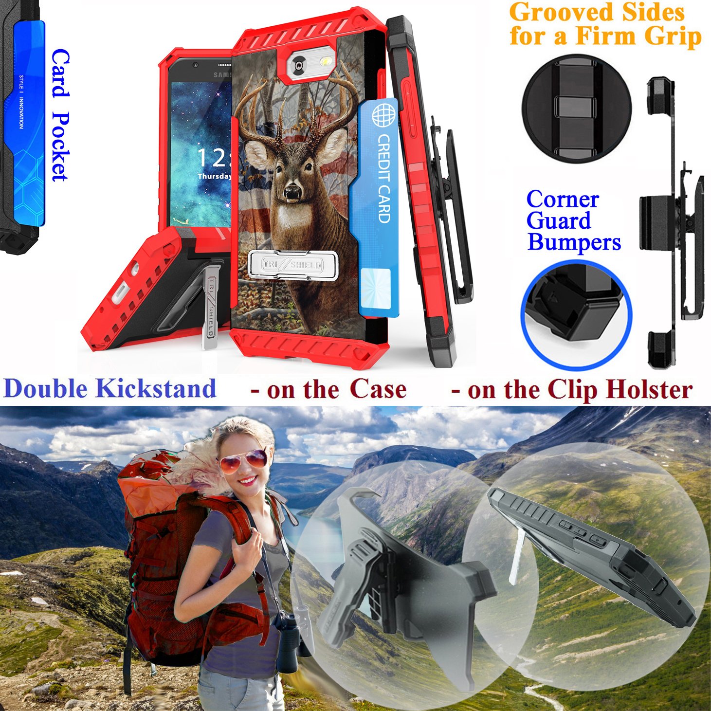 Samsung Amp Prime 2 Express Prime 2 Case with Holster, Belt Clip, Kickstand, Card Slot, Grip Guard, Corner Bumper & Hybrid Armor Cover (Deer USA) - Perfect for Outdoor Adventures & Daily Commutes