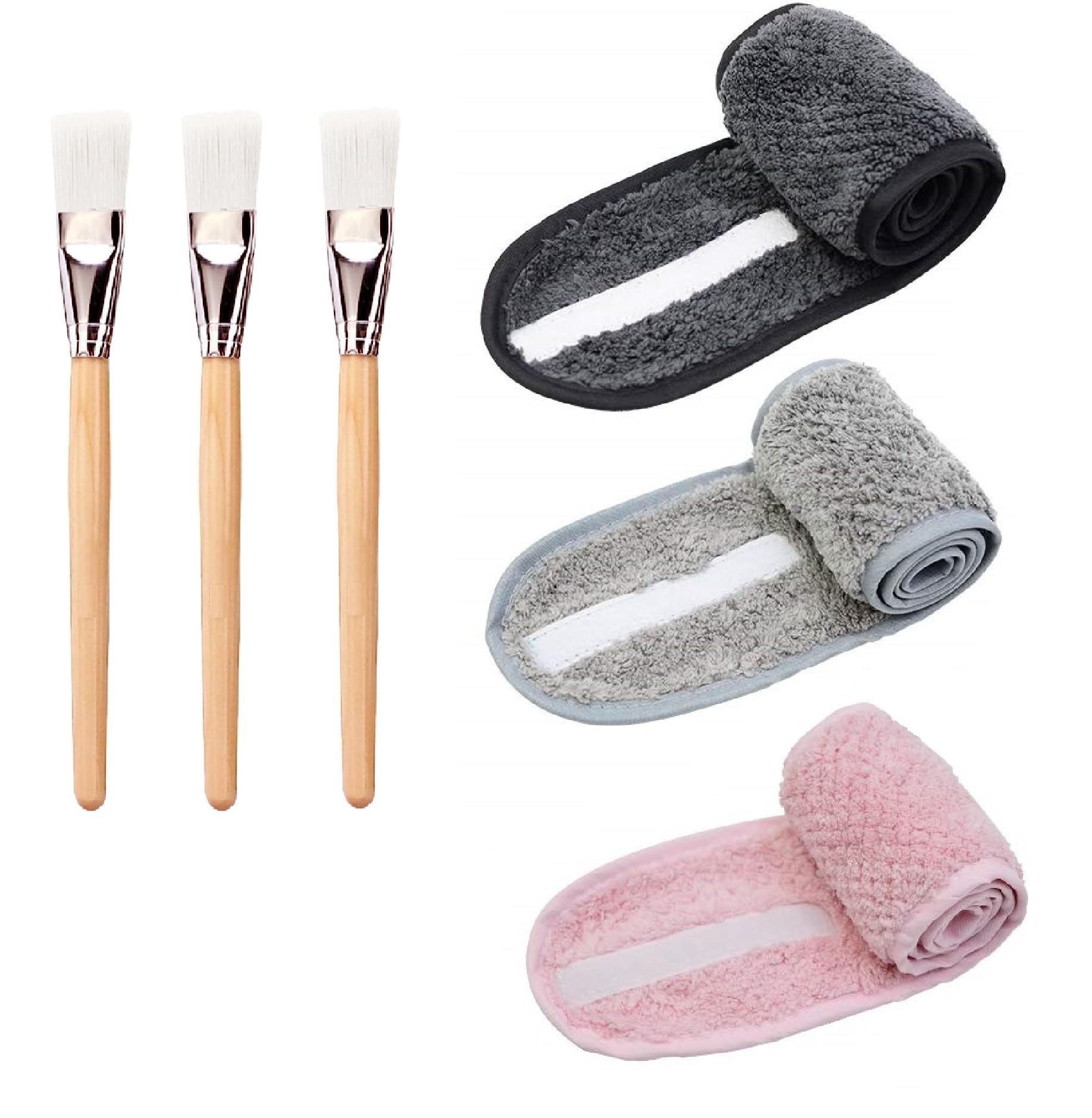 ZAUKY 3-Piece Women's Spa Headband Set with 3 Face Mask Brushes - Soft Hair Band for Skincare, Washing, Makeup & Facials - Random Colors (Great for Home Spa, Beauty Routine & Self-Care)