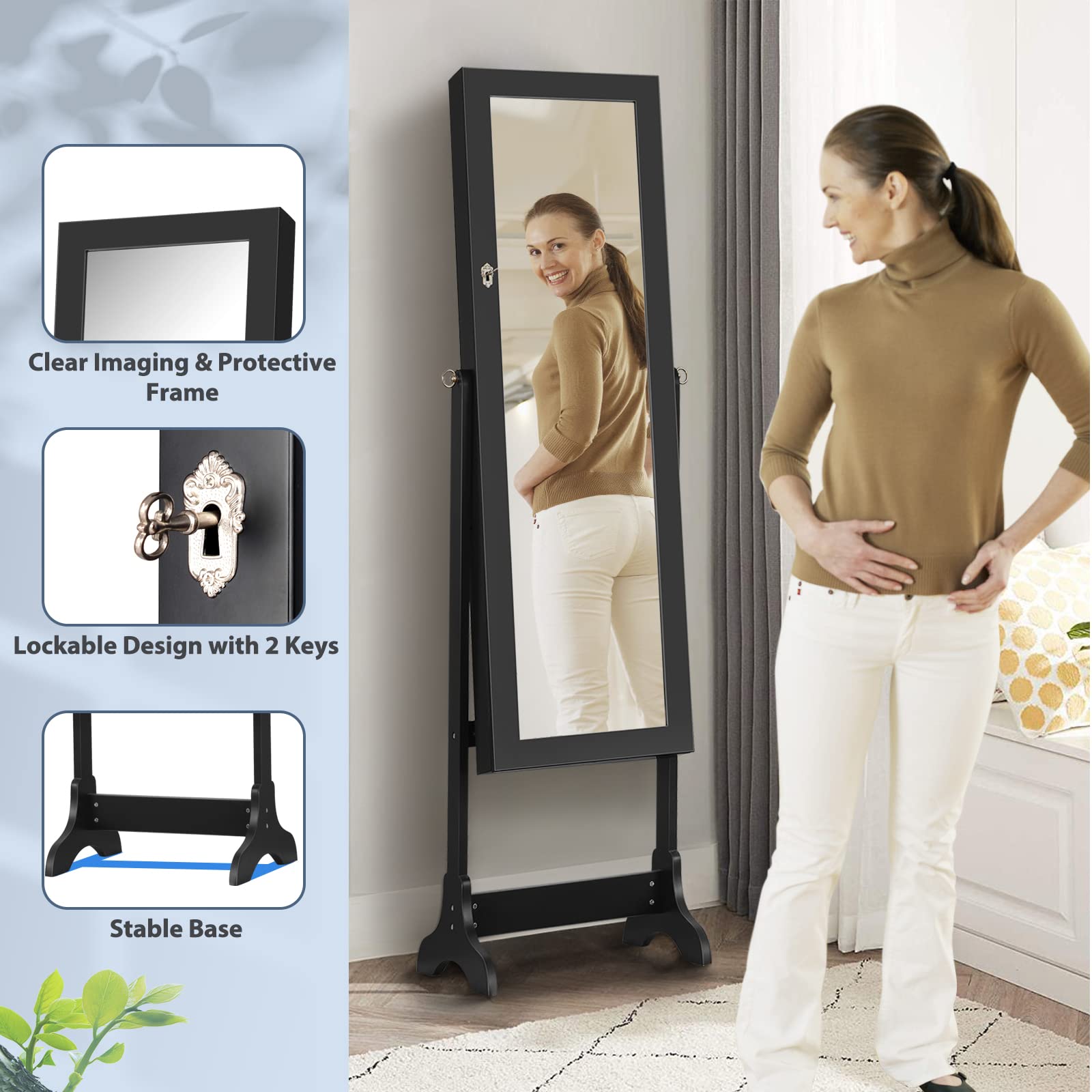 Lockable Full-Length Mirror Jewelry Armoire Organizer - Large Jewelry Storage Cabinet with 4 Adjustable Hooks & 2 Drawers, 2-in-1 Jewelry Box for Necklaces, Rings & Accessories - Perfect for Bedroom, Closet & Dressing Room (Black)