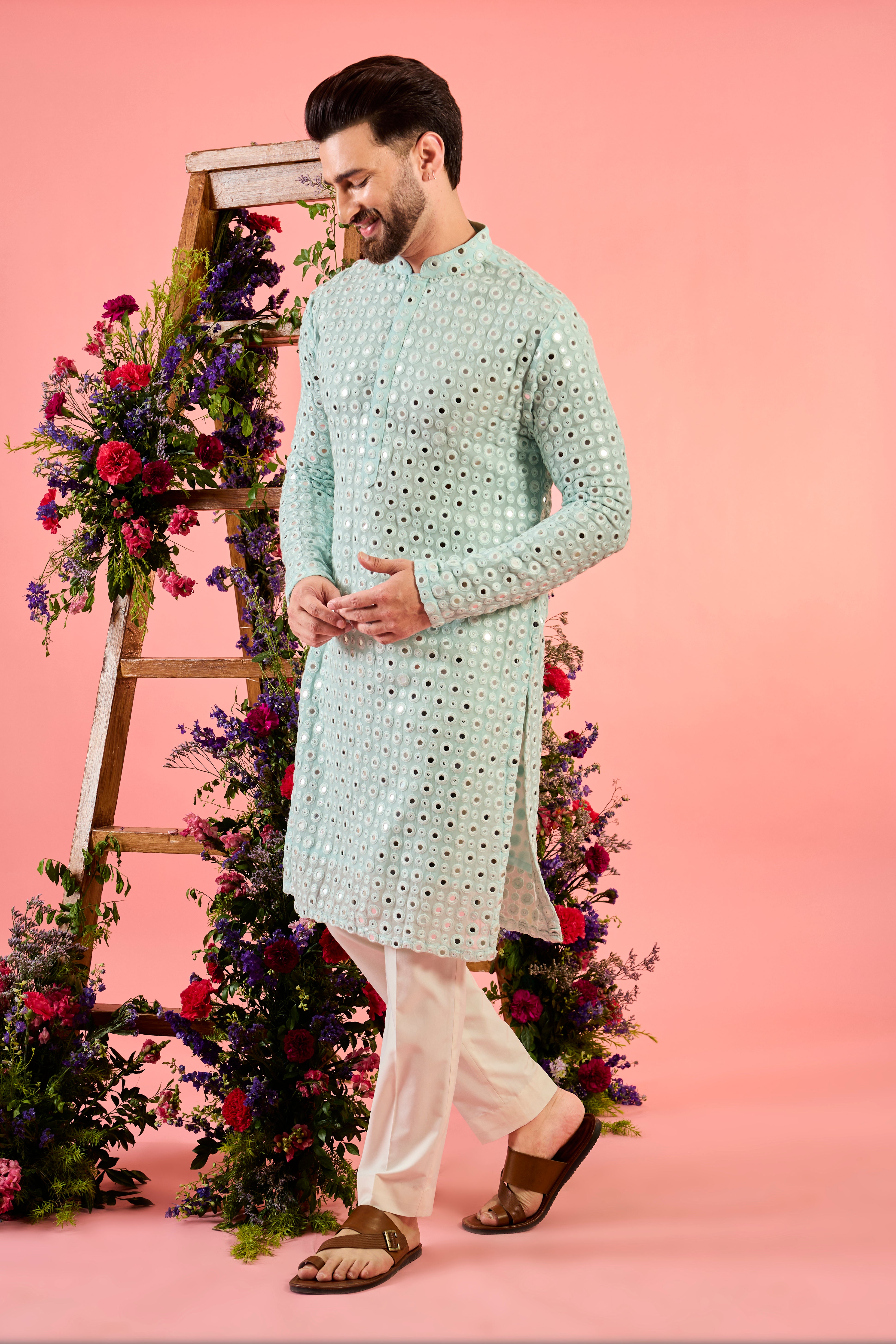 Ice Blue Classic Mirror Work Kurta - Traditional Indian Embroidered Tunic for Women - Perfect for Festivals, Weddings & Ethnic Occasions