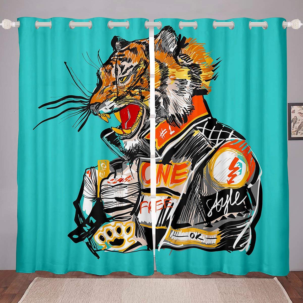 Feelyou Safari Tiger Print Window Curtains for Kids Bedroom & Living Room - Wild Animal Theme Drapes with Wildlife Design - Green Blackout Curtains 38x45 Inches (2 Panels) - Perfect for Jungle, Zoo, or Adventure Themed Decor