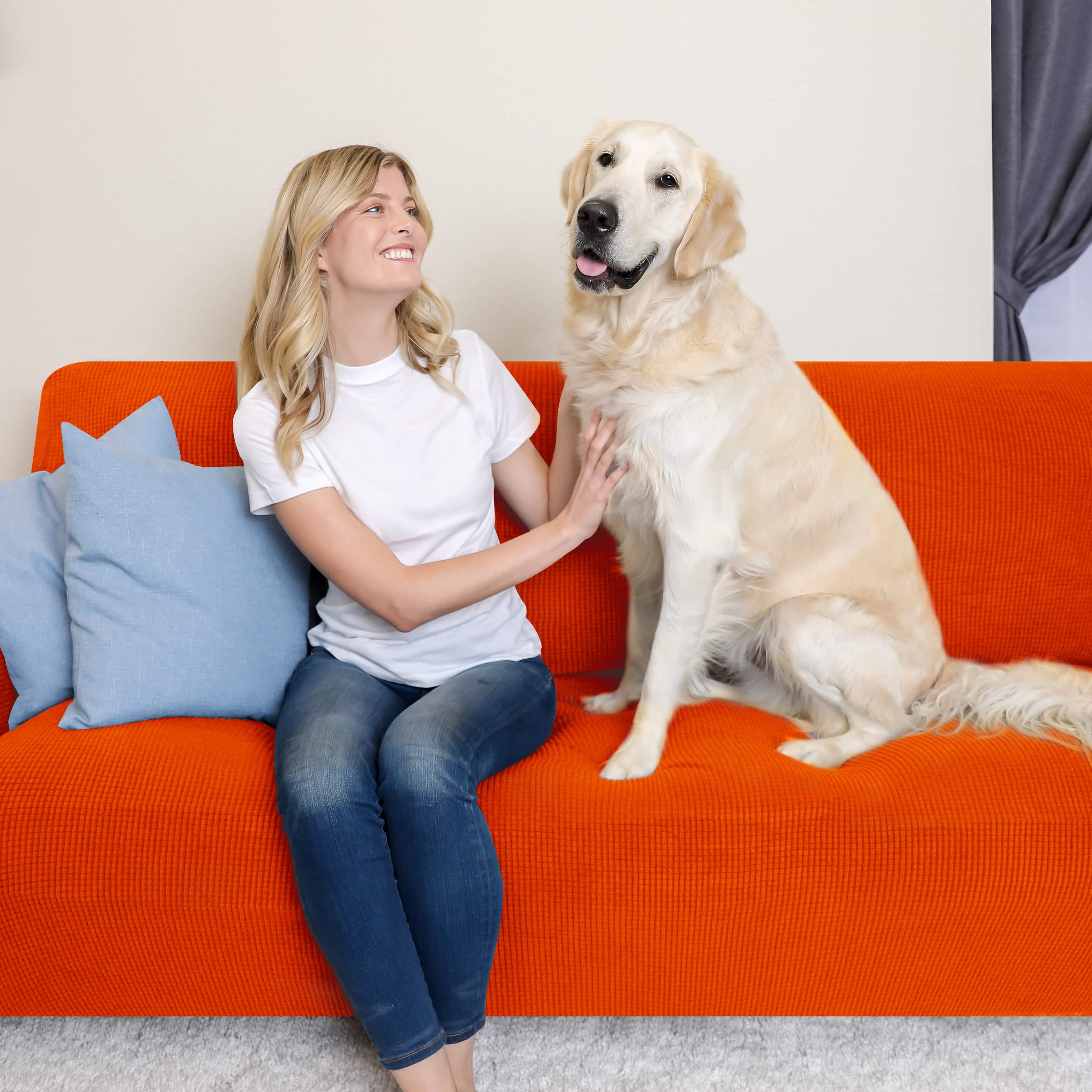 SUBRTEX Stretch Loveseat Sofa Slipcover - 2 Piece Washable Jacquard Fabric Couch Cover for 2-Seater Sofas, Soft Furniture Protector with Small Check Pattern (Orange) - Perfect for Living Room, Apartment & Home Decor