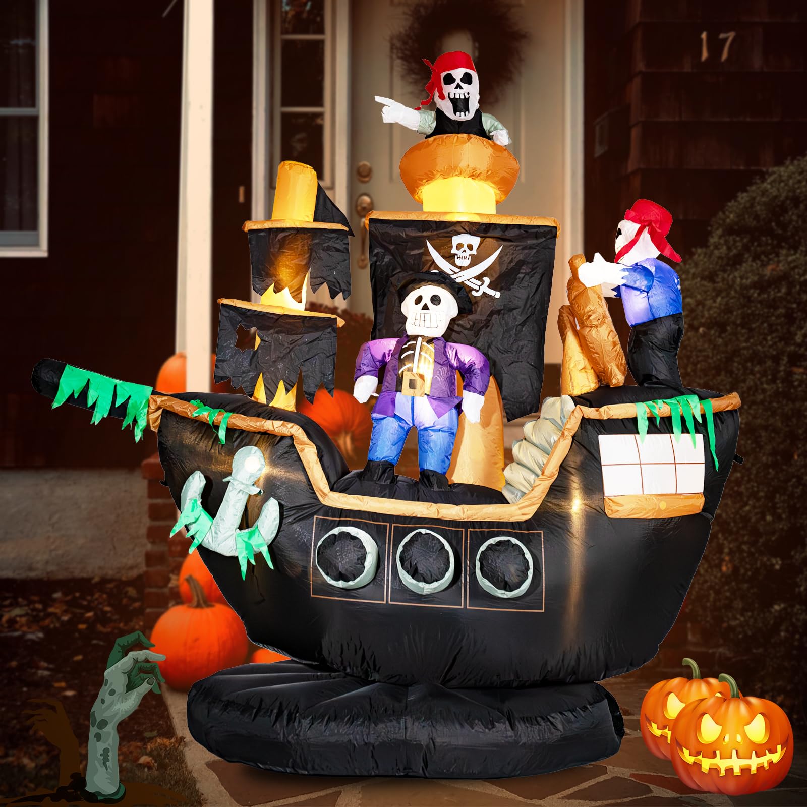 7FT Halloween Inflatable Pirate Ship with LED Ghost Lights - Outdoor Halloween Decorations for Yard, Garden, Party - Spooky Pirate Theme for Halloween Party Decor & Lawn Display