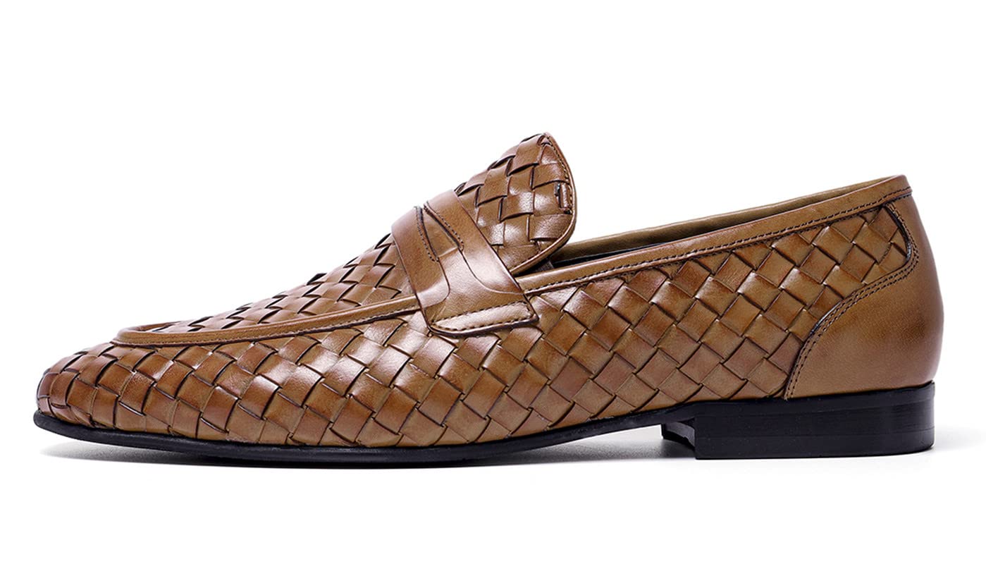 Santimon Men's Woven Leather Loafers - Slip-On Driving Shoes for Wedding, Party & Business Casual Wear - Comfortable Dress Shoes for Work & Formal Occasions