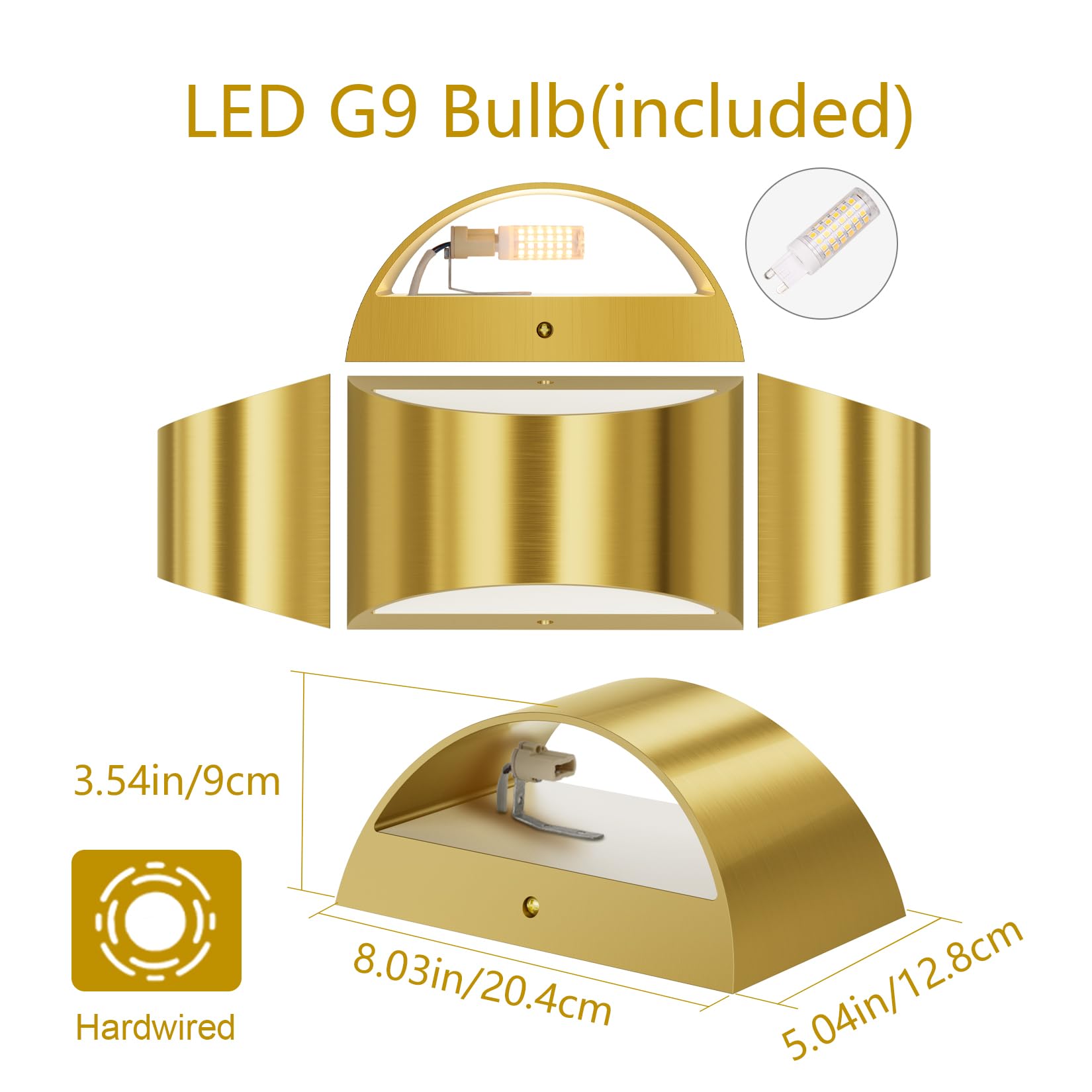 Aipsun Brushed Brass Wall Sconce - Hardwired Up Down Wall Light Fixture for Living Room, Bedroom, Hallway - 1 Pack Indoor Wall Mount Lighting with Warm White 3000K G9 Bulbs - Perfect for Ambient Lighting in Home Decor & Interior Design