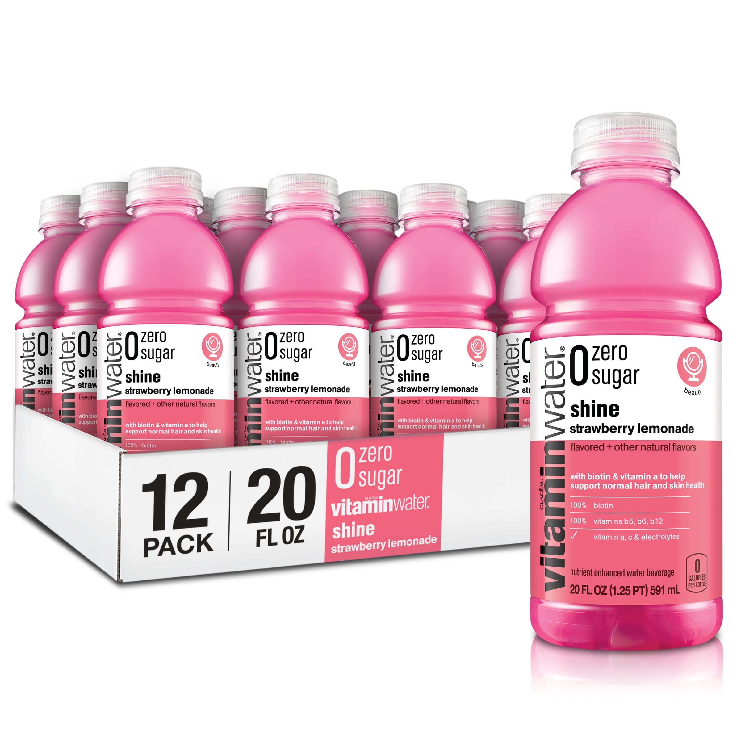 VitaminWater Zero Sugar Shine - Electrolyte Enhanced Water with Vitamins, Strawberry Lemonade Flavor, 20 fl oz (12 Pack) | Hydrating & Refreshing for Workouts, Travel & Daily Hydration