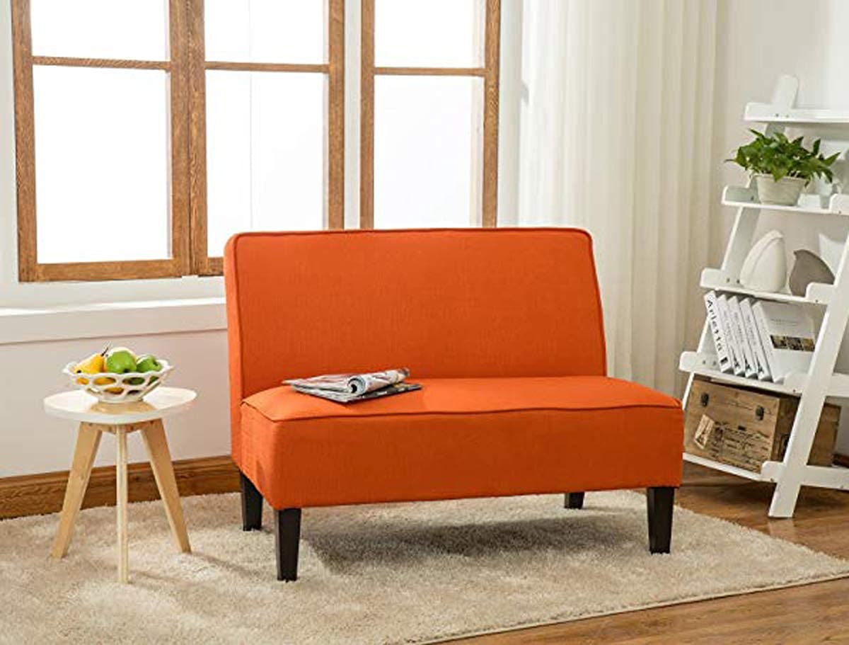 Yongqiang Small Loveseat Mini Sofa - Upholstered Accent Bench with Backrest, Armless Love Seat for Living Room, Bedroom & Office - Perfect for Small Spaces, Reading Nooks & Cozy Corners - Orange