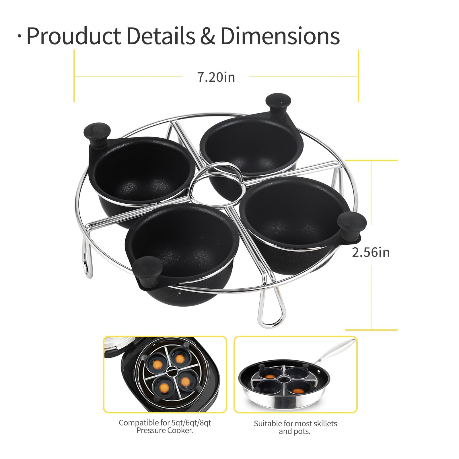 Non-Stick Egg Poacher Insert Set - 4 Stainless Steel Poaching Cups with Steamer Rack & Free Silicone Spatula | Perfect for Eggs Benedict, Breakfast Meal Prep | Compatible with Most Skillets & Pans