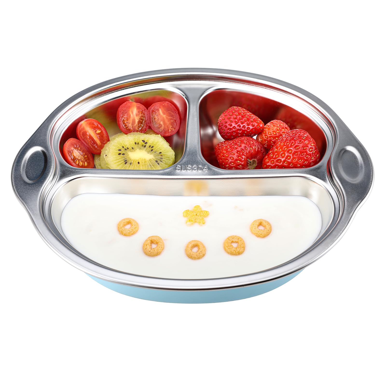 MR. CHOU Stainless Steel Baby Suction Plates - 3 Divided Toddler Plates for Baby Led Weaning | 100% Food Grade, BPA Free, Dishwasher Safe | Non-Slip Suction Base for High Chair & Travel | Perfect for Home, Daycare & On-the-Go Feeding (Blue)