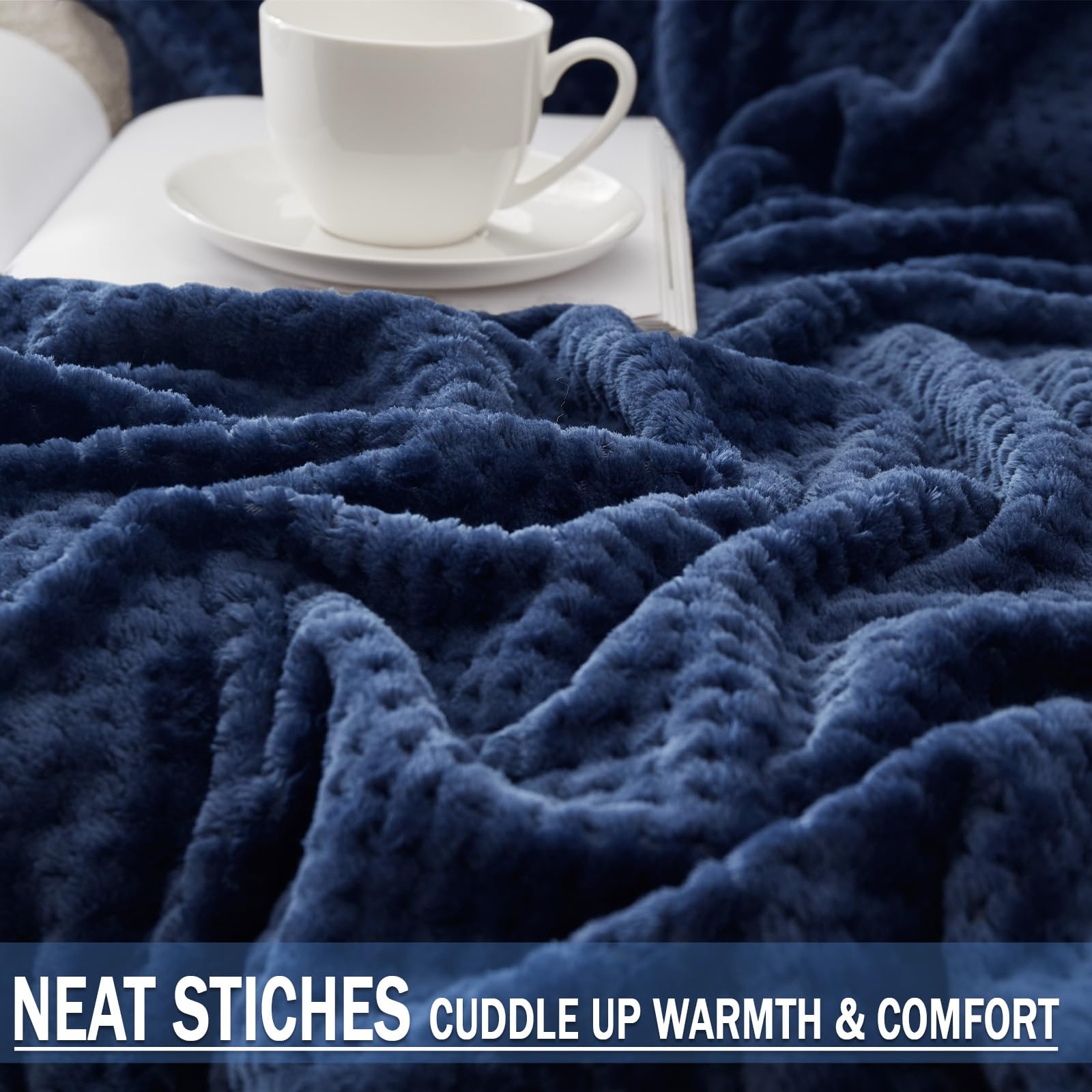 Exclusive Fleece Blend Bed Blanket Queen Size - Super Soft & Warm Waffle Textured Blanket for Couch, Sofa & Bed | Cozy, Fuzzy & Lightweight (Navy Blue, 90x90 Inches) | Perfect for Winter Nights, Movie Time & Guest Room Comfort