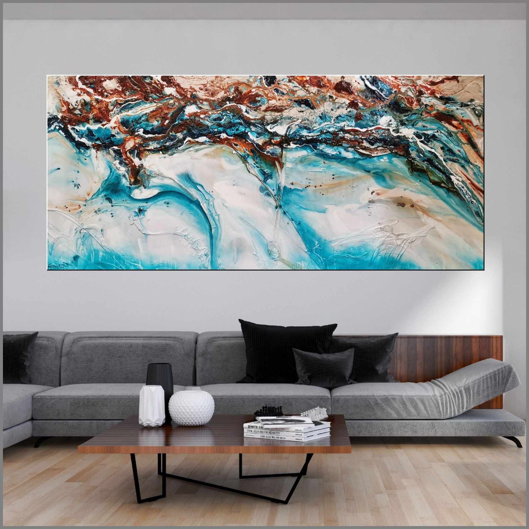 Turquoise Cream Textured Abstract Painting - 270cm x 120cm Crushed Southern Chill Style Wall Art for Living Room, Bedroom & Office Decor