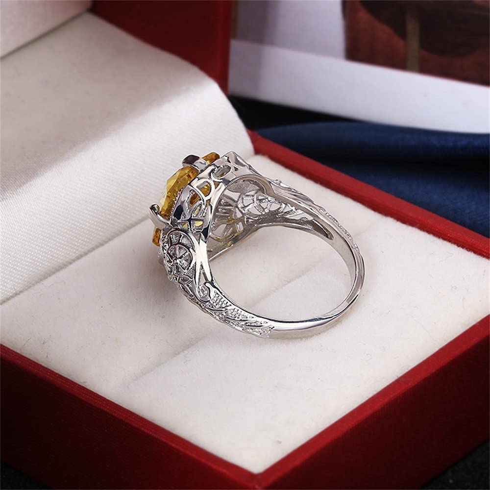 925 Sterling Silver Hollow-Out Princess Cut Citrine Ring – Large Carat Topaz Birthstone, Promise & Engagement Ring for Women – Elegant Wedding Band & Cocktail Party Jewelry (Perfect for Anniversaries, Valentine’s Day & Special Occasions)