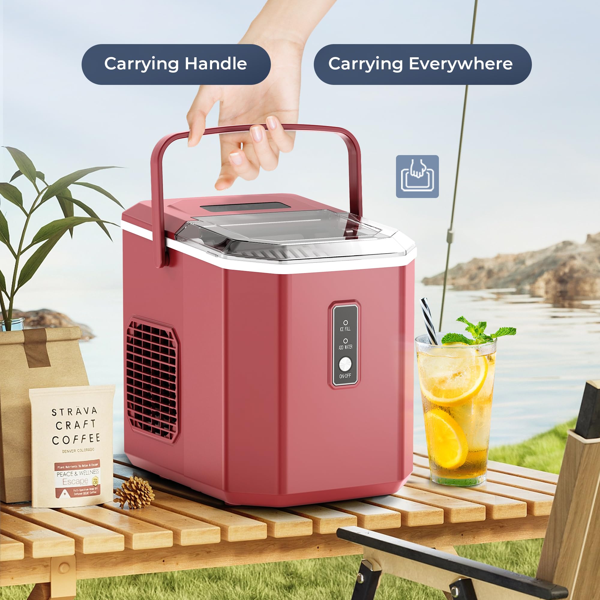EUHOMY Portable Countertop Ice Maker - 9 Ice Cubes in 6 Minutes, 26lbs Daily Output, Self-Cleaning with Ice Scoop & Basket, Compact Ice Machine for Home, Kitchen, Office, RV, Camping & Parties (Red)