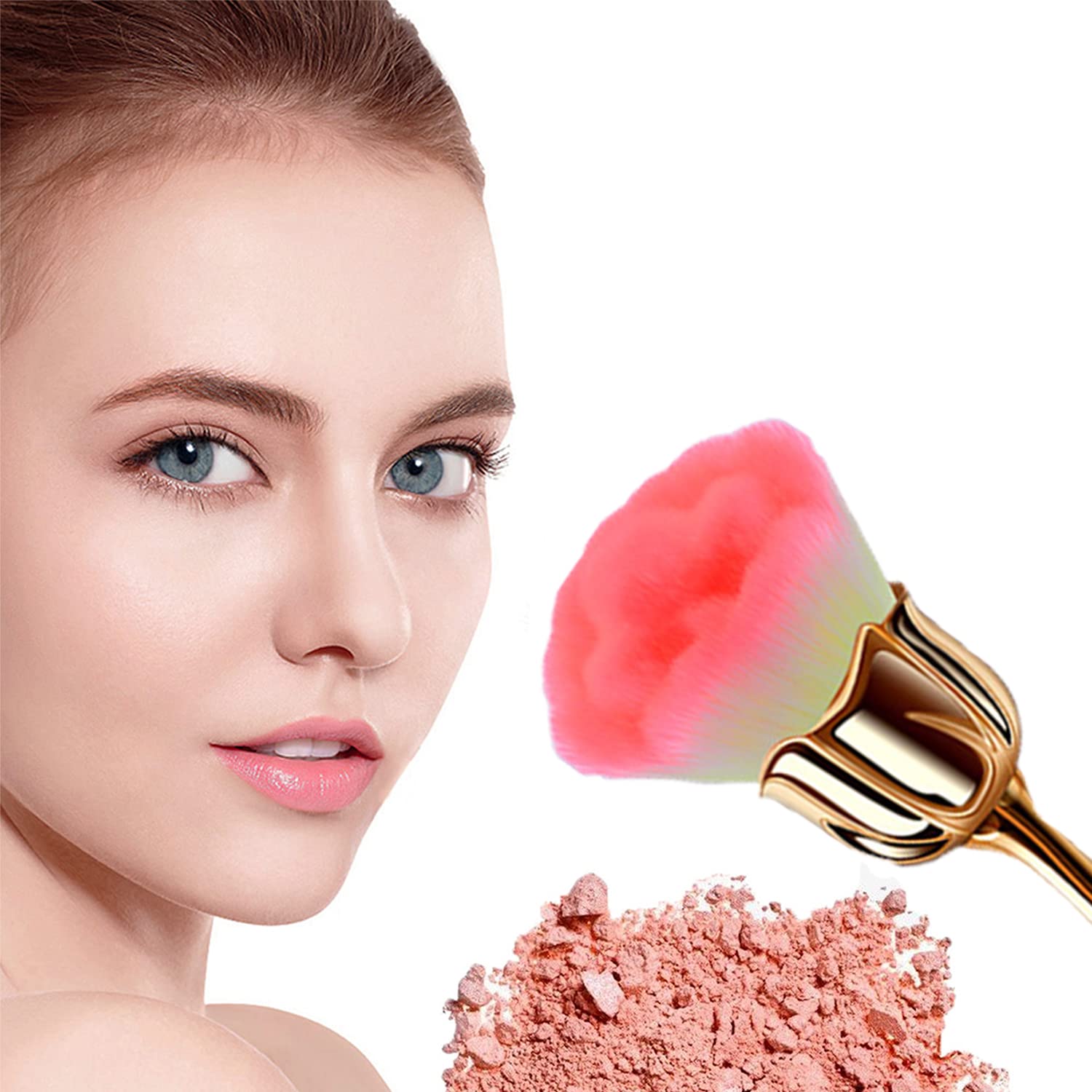 JERCLITY 2-Piece Rose Gold Makeup Brush Set - Large Blush Brush & Powder Brush for Face, Loose Powder, and Nail Dust Application | Perfect for Professional Makeup, Cosmetic Touch-Ups, and Manicure Cleaning (Gold)