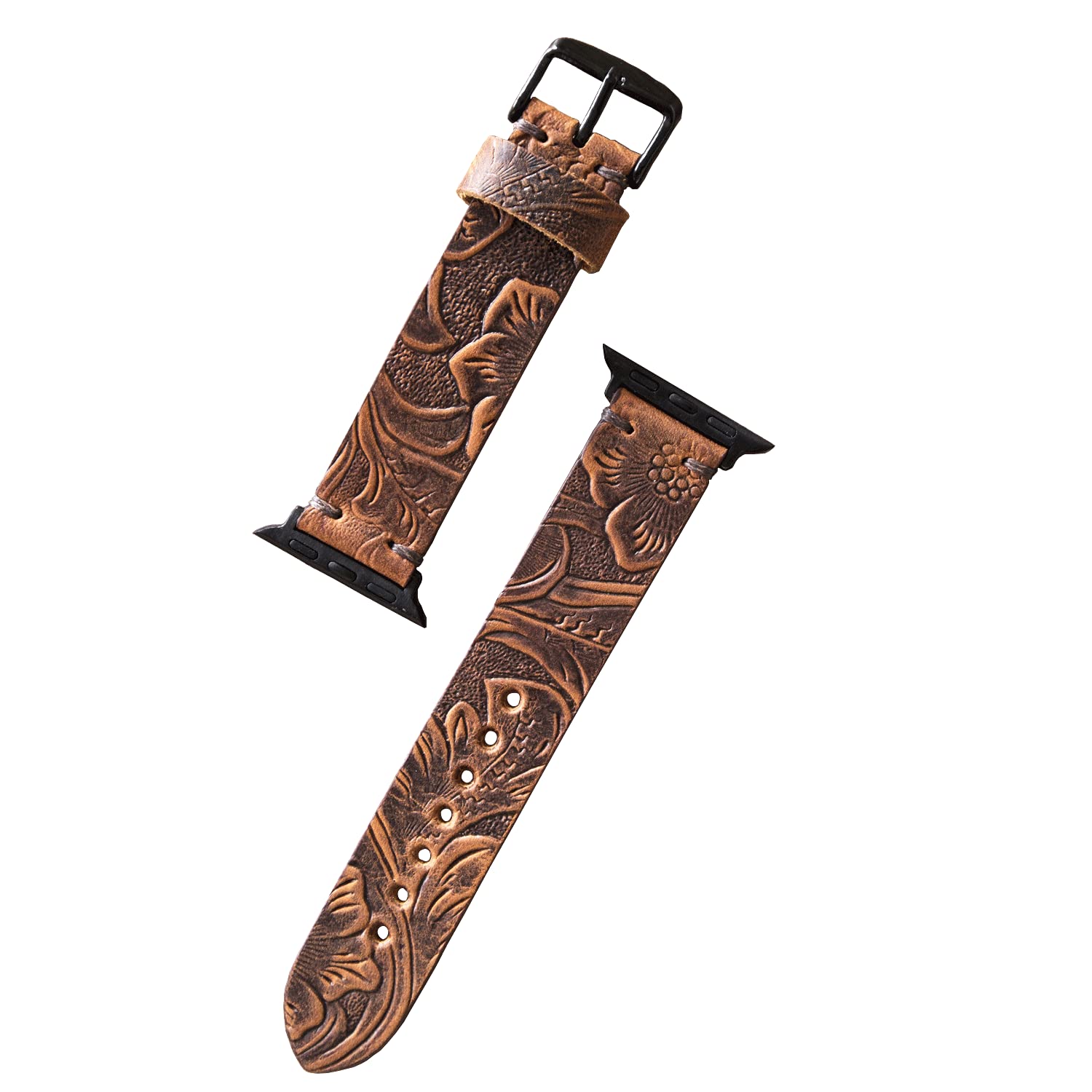 Personalized Western Floral Engraved Leather Watch Band - Compatible with Apple Watch 38mm/40mm/41mm/42mm/44mm/45mm - Custom Distressed Brown Leather Strap for iWatch Series 8/7/6/5/4/3/2/1 - Unique Women's Gift for Everyday Wear & Special Occasions