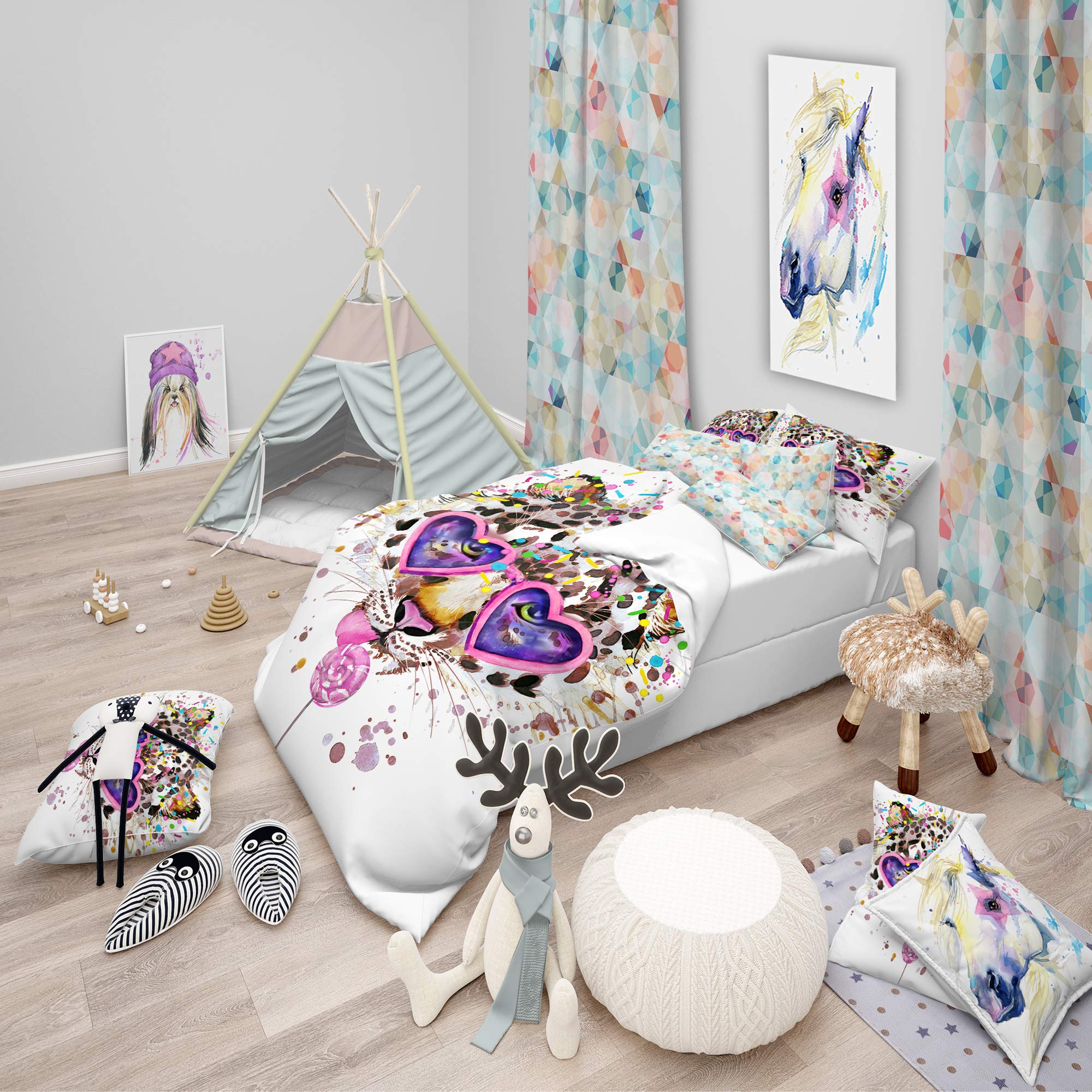 Funny Leopard with Heart Glasses Pink Duvet Cover Set - 3 Piece Animal Print Bedding for Twin Size | All Season Traditional Comforter Cover | Perfect for Kids Room, Teen Bedroom & Unique Home Decor
