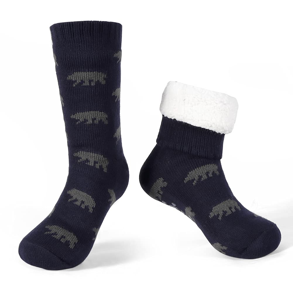 LEMZONE Men's Thick Warm Slipper Socks - Non-Slip Winter Cozy Fuzzy Fleece Lining Cabin Socks with Grips for Indoor & Outdoor Use - Perfect for Home, Office, and Cold Weather Activities