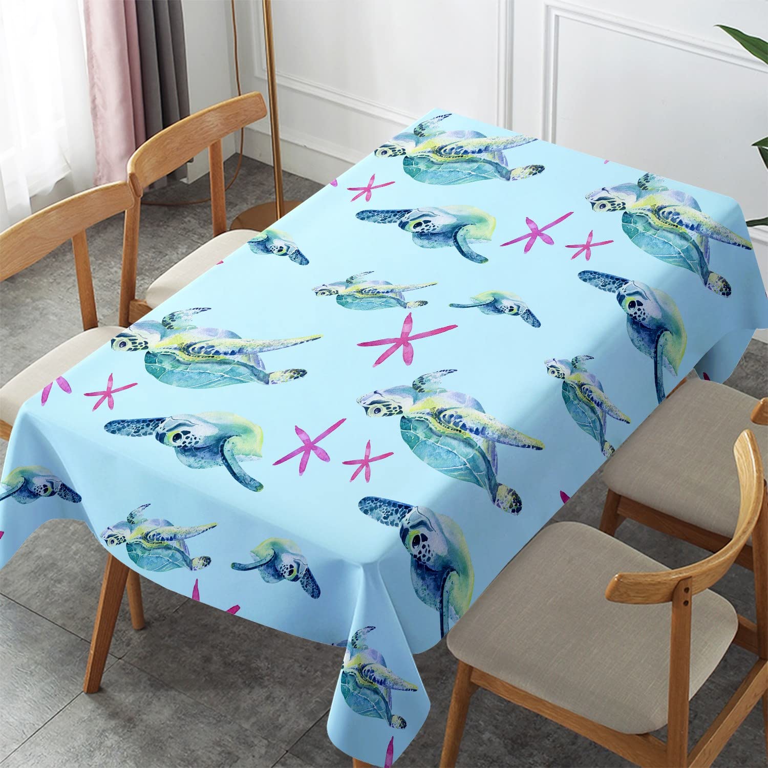 Orlco Art Blue Turtle Starfish Ocean Tablecloth - Natural Oblong Table Cover with Original Design for Dining, BBQ, Picnic & Coffee Tables (54 x 70.9 Inches) - Perfect for Beach Themed Parties, Coastal Home Decor and Outdoor Entertaining