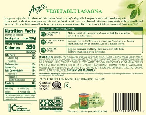 Organic Vegetable Lasagna Frozen Meal - Amy's 9.5 Oz Microwaveable Pasta with Vegetables | Quick Family Dinner & Healthy Lunch Option