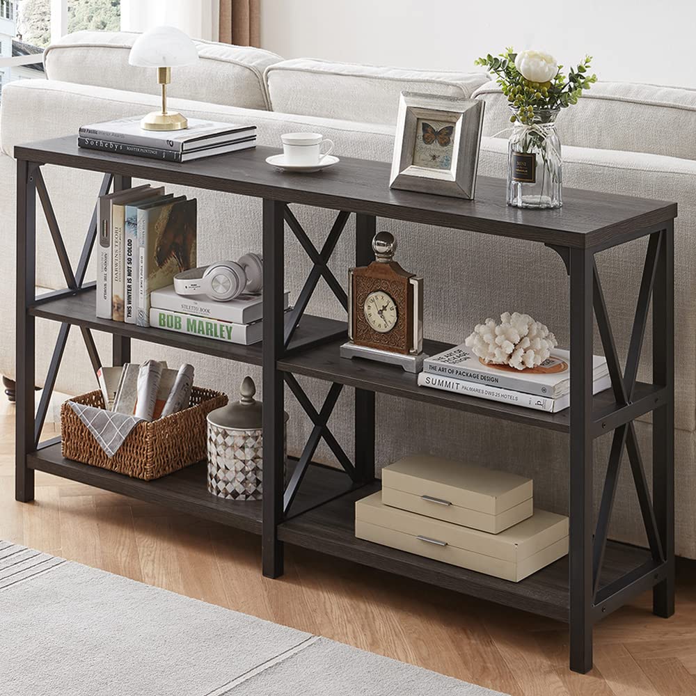 LVB Industrial Console Table 55 Inch - Rustic Wood and Metal Sofa Table with Storage Shelf - Entryway Hallway Table for Living Room, Foyer - Dark Gray Oak Finish - Perfect for Home Decor, Apartment Entry, and Office Reception Areas