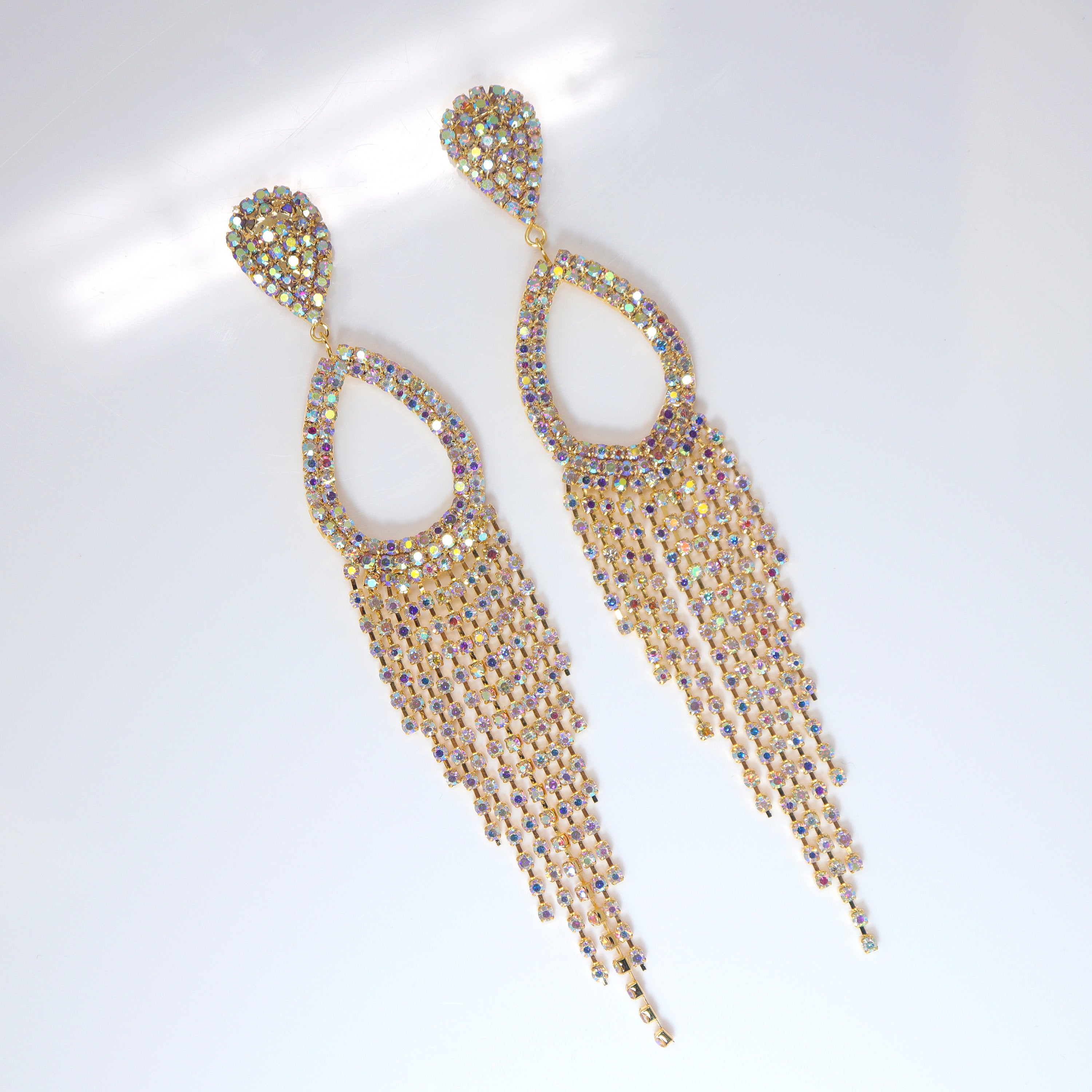 Swarovski AB Crystal Tassel Earrings for Women – Elegant Long Bridal Jewelry, Wedding Statement Earrings with CZ Stones – Perfect for Weddings, Parties & Special Occasions