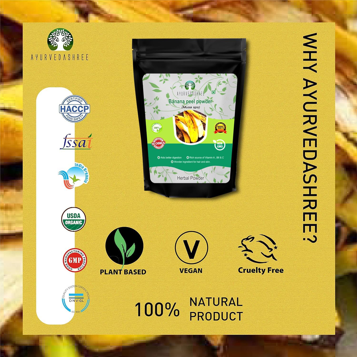 Organic Banana Peel Powder 200g - Natural Hair Conditioner & Face Moisturizer for Dry Skin | Preservative-Free, Silica-Free | DIY Beauty & Skincare Recipes | Perfect for Homemade Hair Masks & Facial Treatments