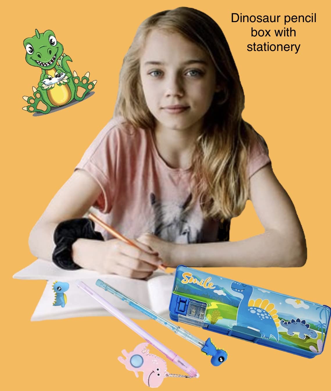 LE DELITE Dinosaur Pencil Box - Double Side Opening Magnetic Stationery Case with Cartoon Dinosaur Theme, Jurassic Park Jungle Design - School Supply Organizer for Kids, Boys & Girls (Includes Pencils, Pen & Eraser) - Perfect for Classroom, Homework & Back to School Supplies