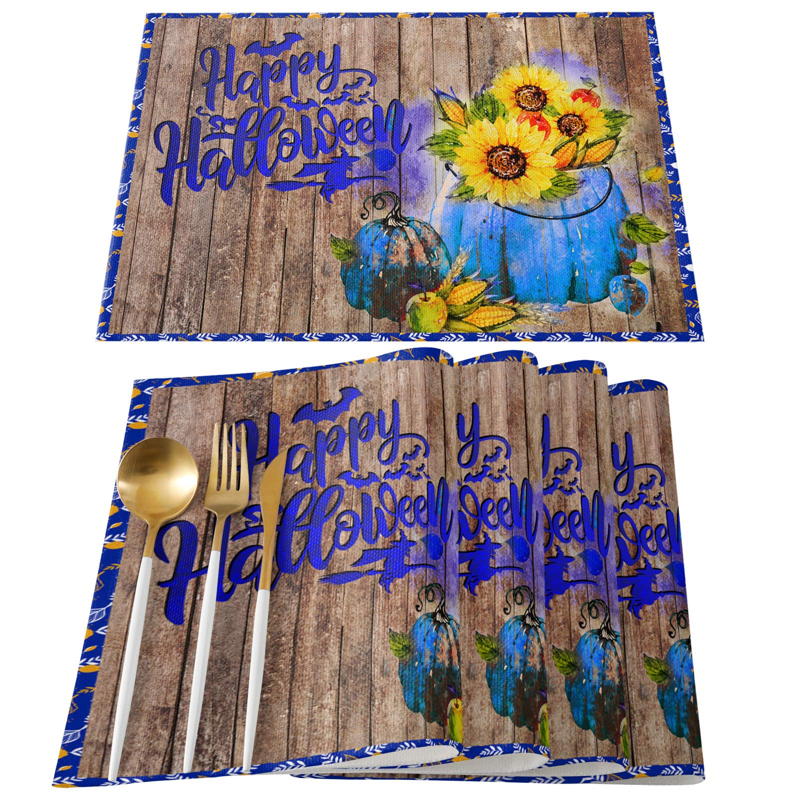 Halloween Sunflower Placemats Set of 4 - Watercolor Pumpkin Wood Grain Washable Table Mats for Dining Room, Kitchen Decor, Fall Dinner Table Setting