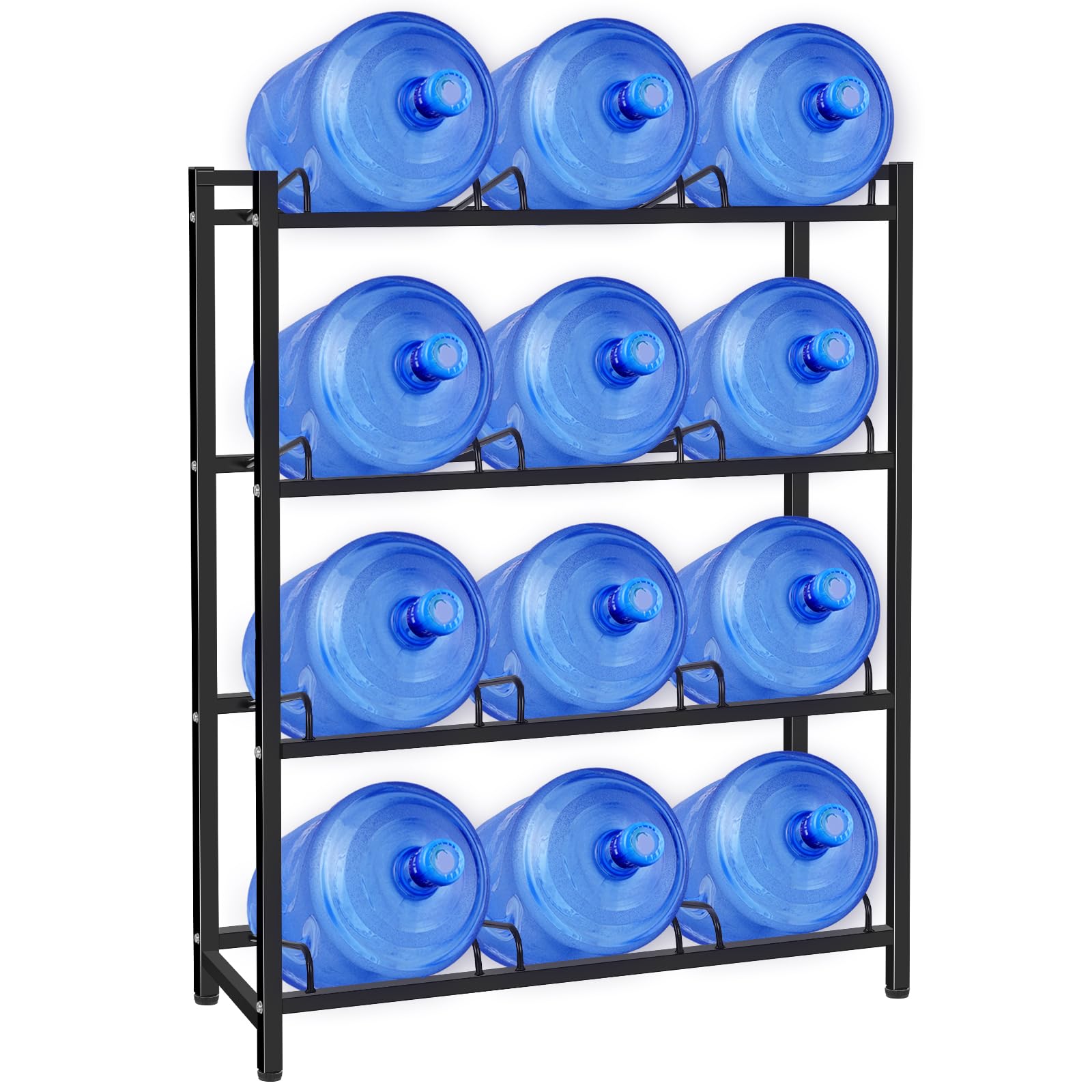 Heavy Duty 4-Tier 5 Gallon Water Jug Holder - Sturdy Storage Rack for 12 Bottles Without Wobbling - Upgraded Thickened Design for Home, Office, Kitchen, Warehouse & Garage (Black) - Perfect for Water Bottle Organization in Pantries, Break Rooms and Emergency Preparedness