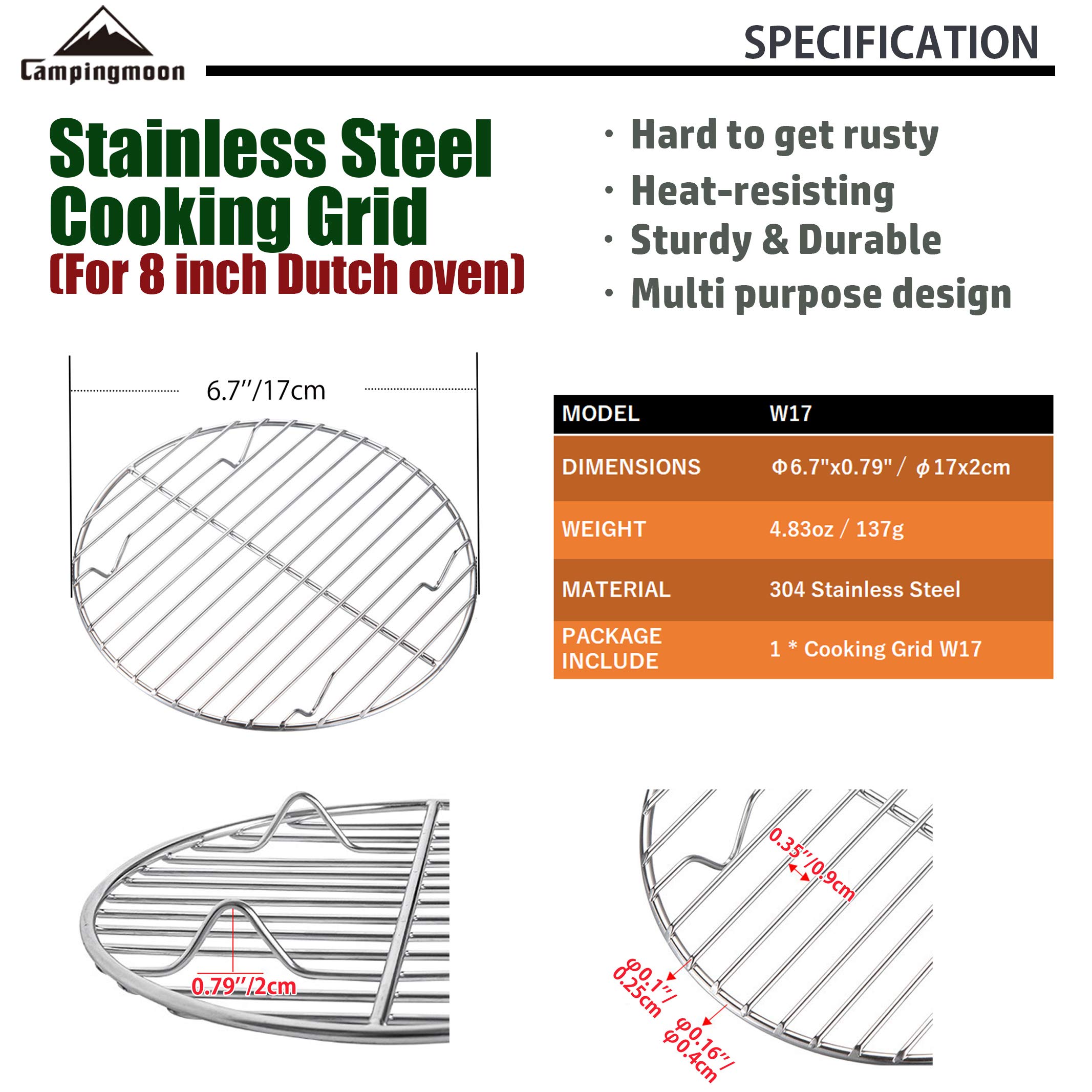 CampingMoon 6.7 Inch Stainless Steel Round Cooking Rack for Dutch Oven - Perfect for Roasting, Baking, Steaming & Cooling - Ideal for Camping, Grilling & Outdoor Cooking