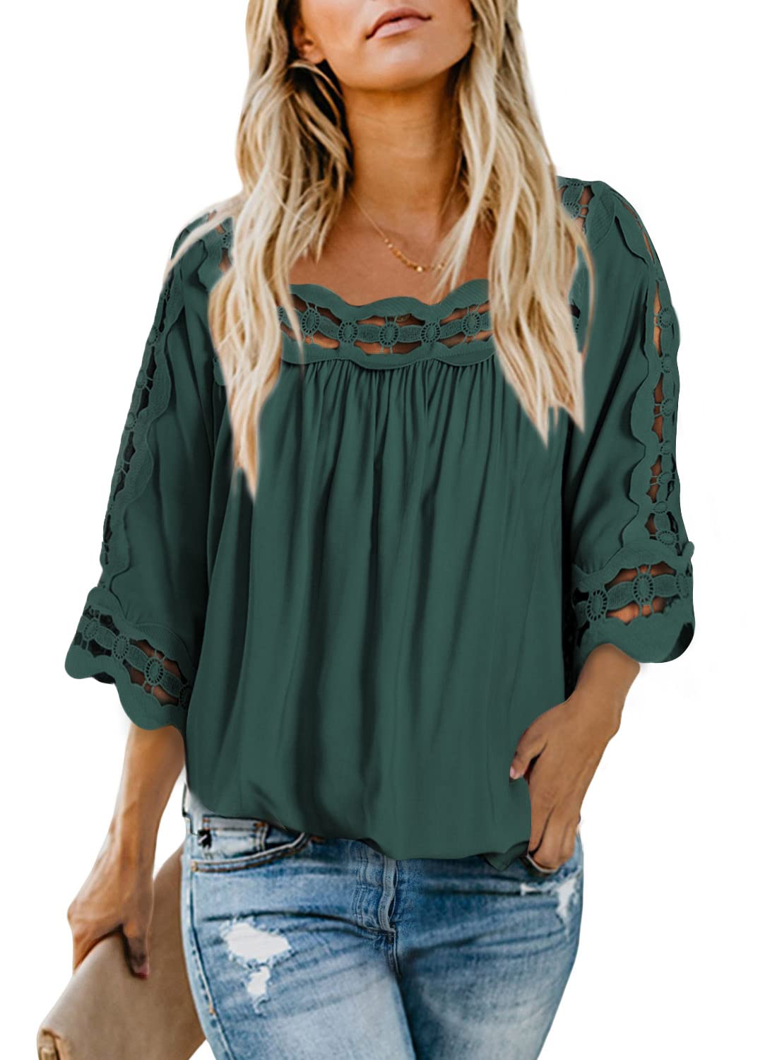 Dokotoo Women's 3/4 Sleeve Lace Crochet Blouse - Flowy Square Neck Solid Color Summer Top for Casual Wear, Office & Date Night Outfits
