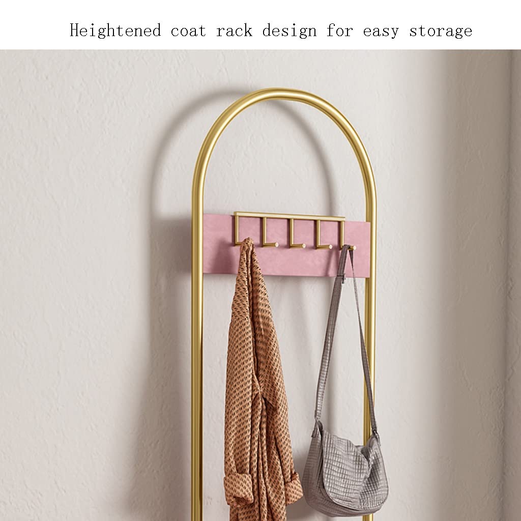3-in-1 Entryway Coat Rack with Storage Bench & Shelf - Upholstered Seat Hall Tree for Living Room, Hallway - Metal Frame Easy Assembly (60x32x175cm, Gold+Pink) - Perfect for Small Spaces, Entry Organization & Shoe Storage
