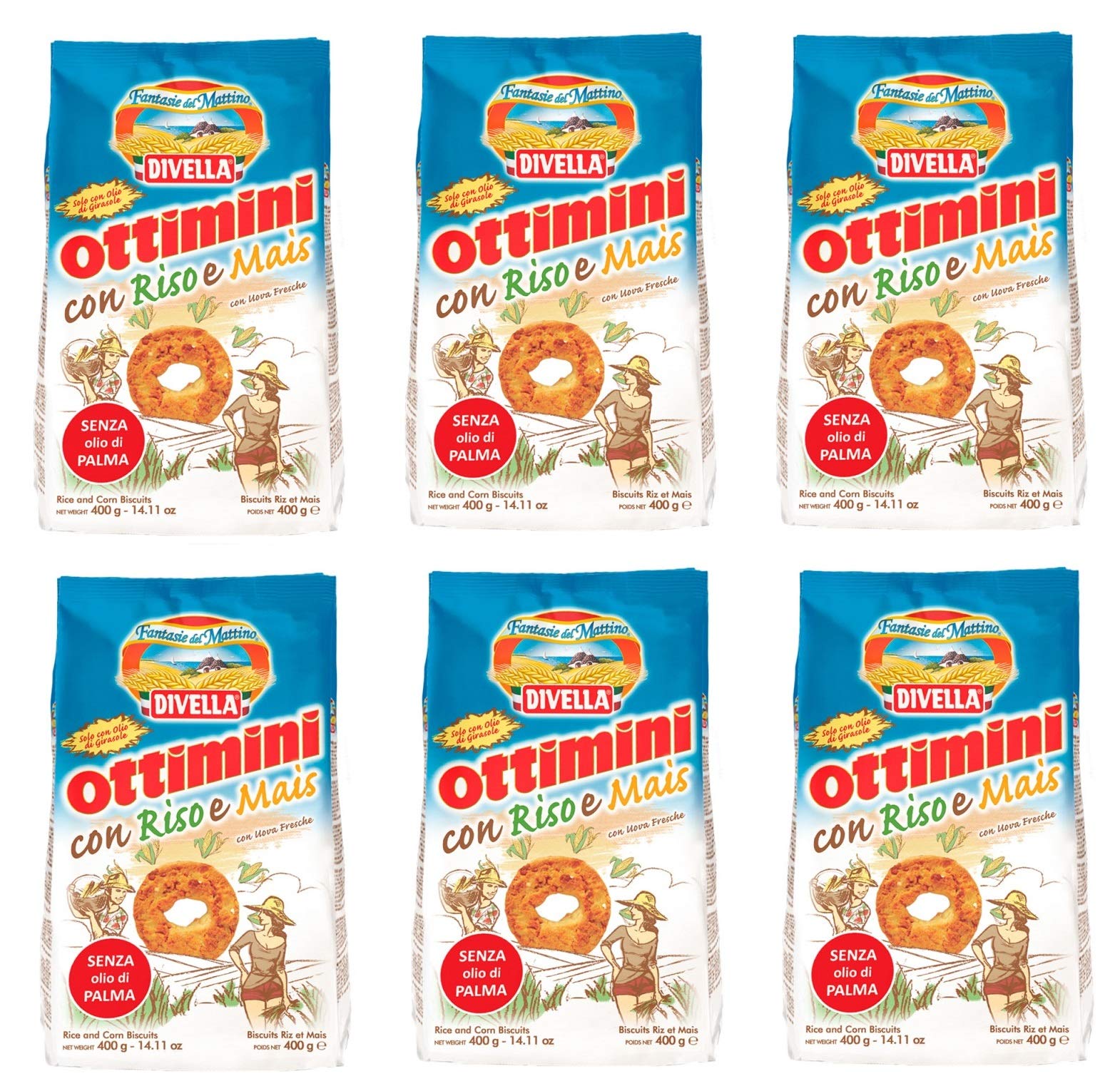 Divella Ottimini Italian Shortbread Cookies with Rice and Corn - 6 Pack (400g) | Crunchy & Delicious Biscuits for Snacking, Gifts & Tea Time