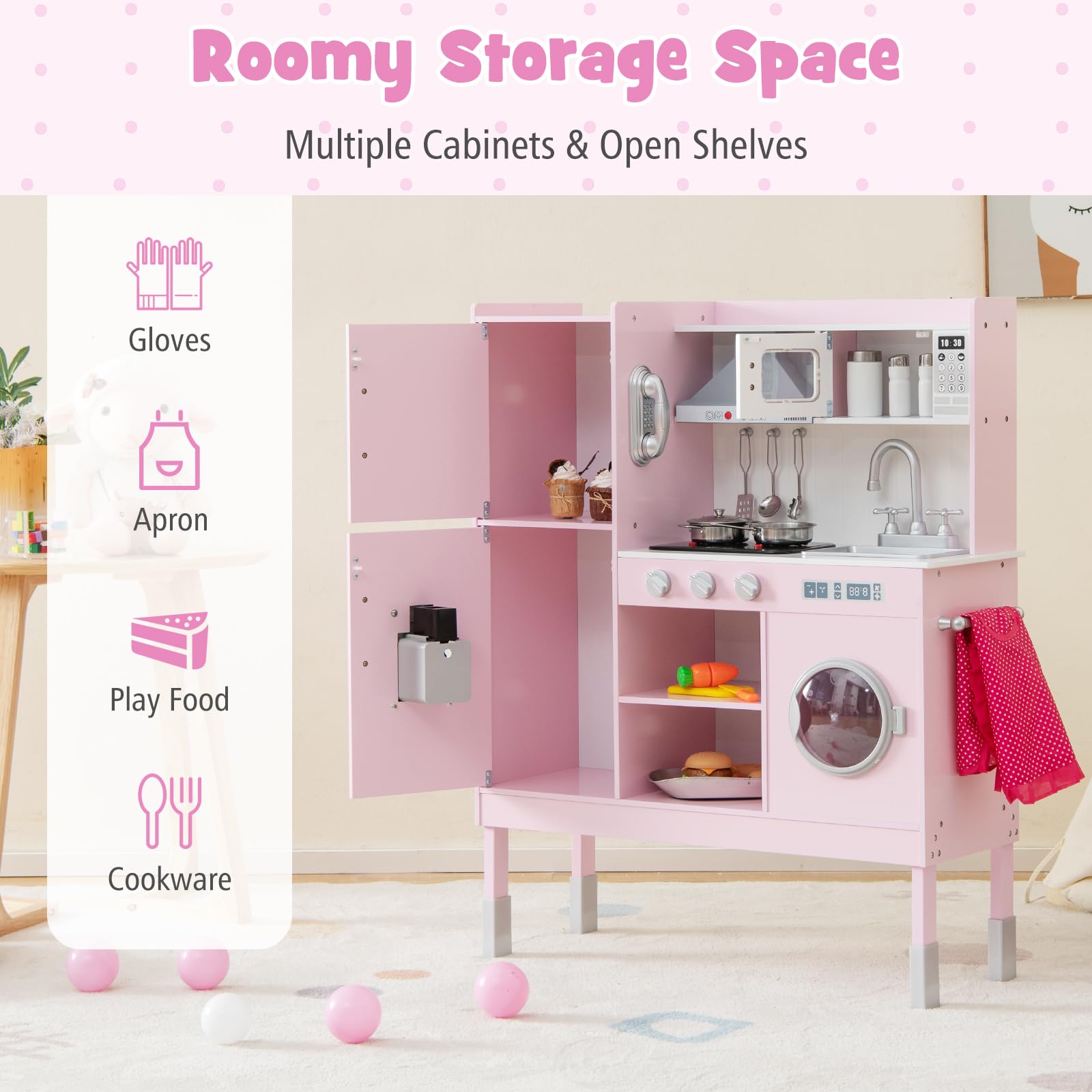 HONEY JOY Pink Wooden Play Kitchen Set for Toddlers - Pretend Play Toy with Microwave, Cookware, Washing Machine & Blackboard - Educational Gift for Boys & Girls - Perfect for Birthday, Christmas & Role-Playing Fun
