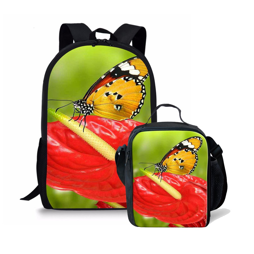 Dellukee Kids School Backpack Set - Cute Butterfly Print Bookbag with Matching Lunch Box - Perfect for School, Travel & Daycare