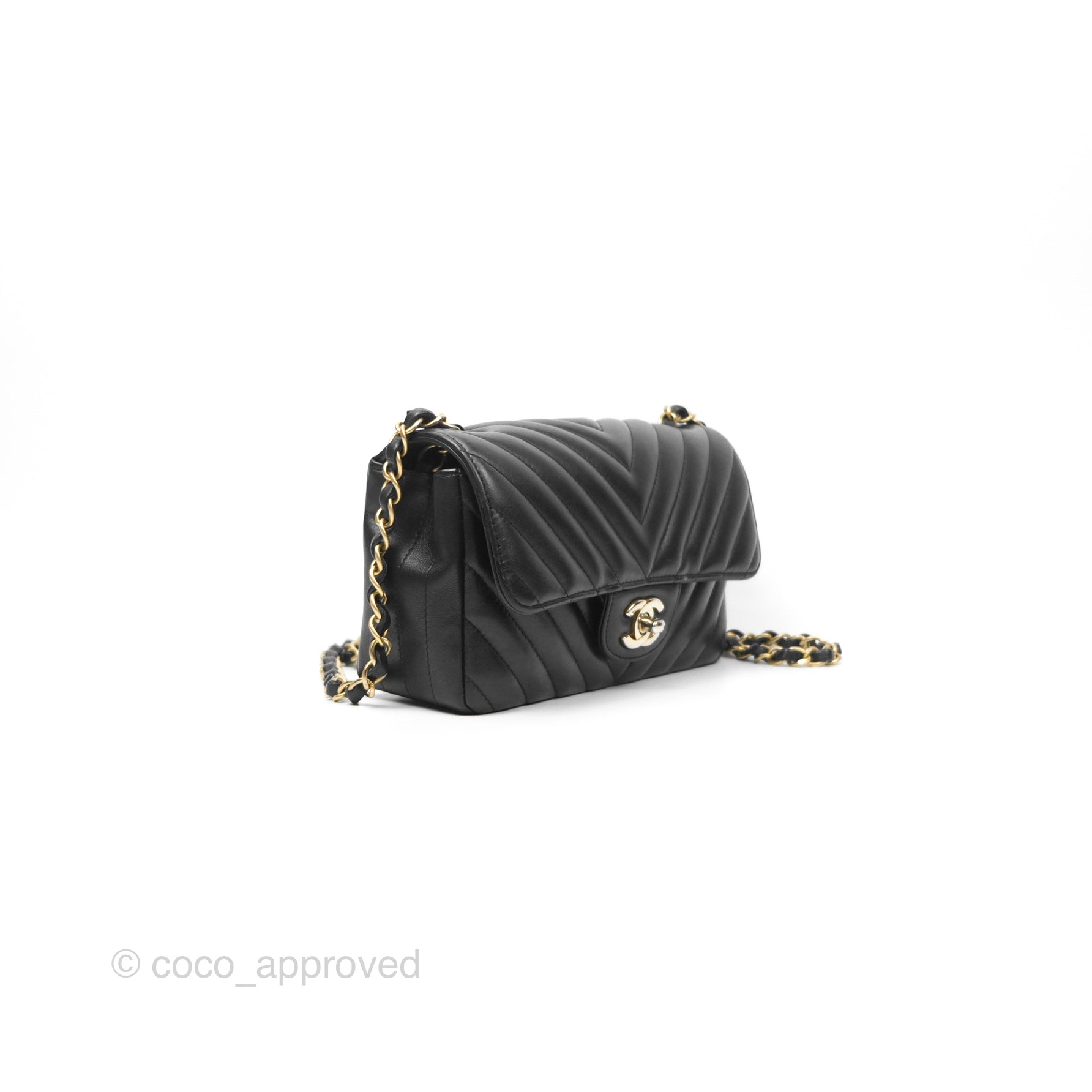 Chanel Chevron Mini Rectangular Bag - Black Lambskin Leather with Aged Gold Hardware | Luxury Crossbody Purse for Women, Perfect for Evening Events & Date Nights