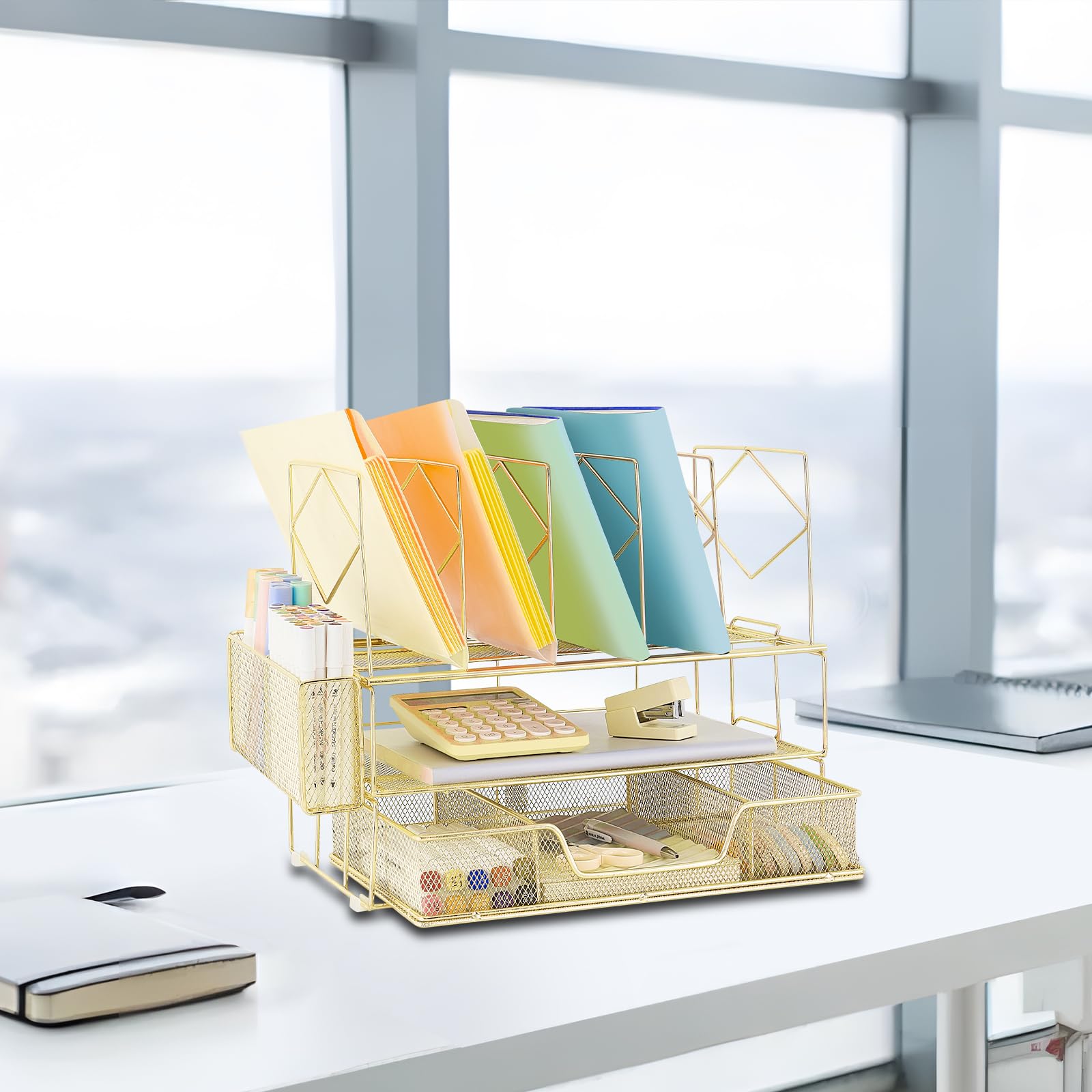 Youbetia Gold Double Tray Desk File Organizer with 5 Upright Sections, Pencil Holder & Drawer - Office Supplies for Workspace Organization | Perfect for Home Office, Study Desk & Office Workstation Accessories