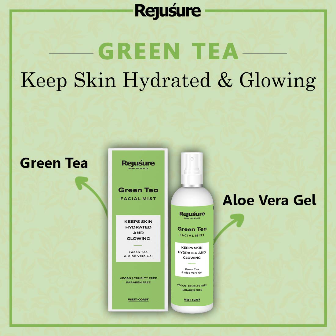 Rejusure Green Tea Face Mist for Hydration & Glow - 100ml Facial Spray for Dry Skin - Refreshing Skin Care for Daily Use & Travel