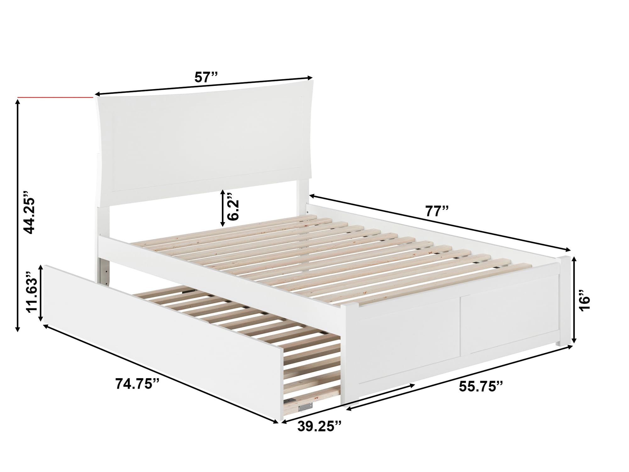 AFI Metro Full Platform Bed with Twin Trundle & USB Charger - White Queen Size Bed Frame for Small Spaces | Perfect for Guest Rooms, Kids Rooms & Studio Apartments